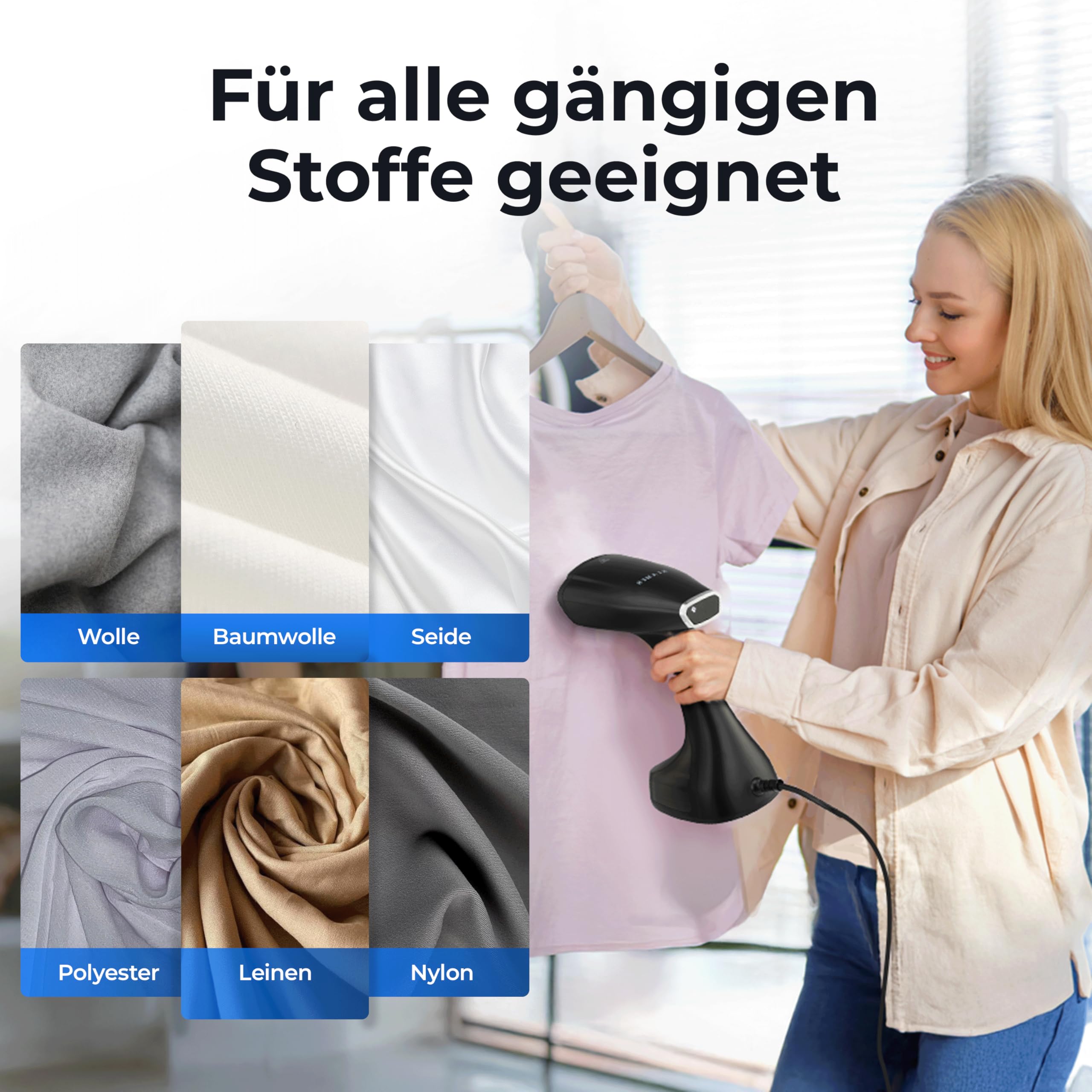 KLAMER Dampfglätter, 280 ml Wassertank, Dampfleistung 25g/min, 1800W, 2 Aufsätze geeignet für alle Stoffe von Seide bis Baumwolle, klappbar für Zuhause, Reisen und Büro