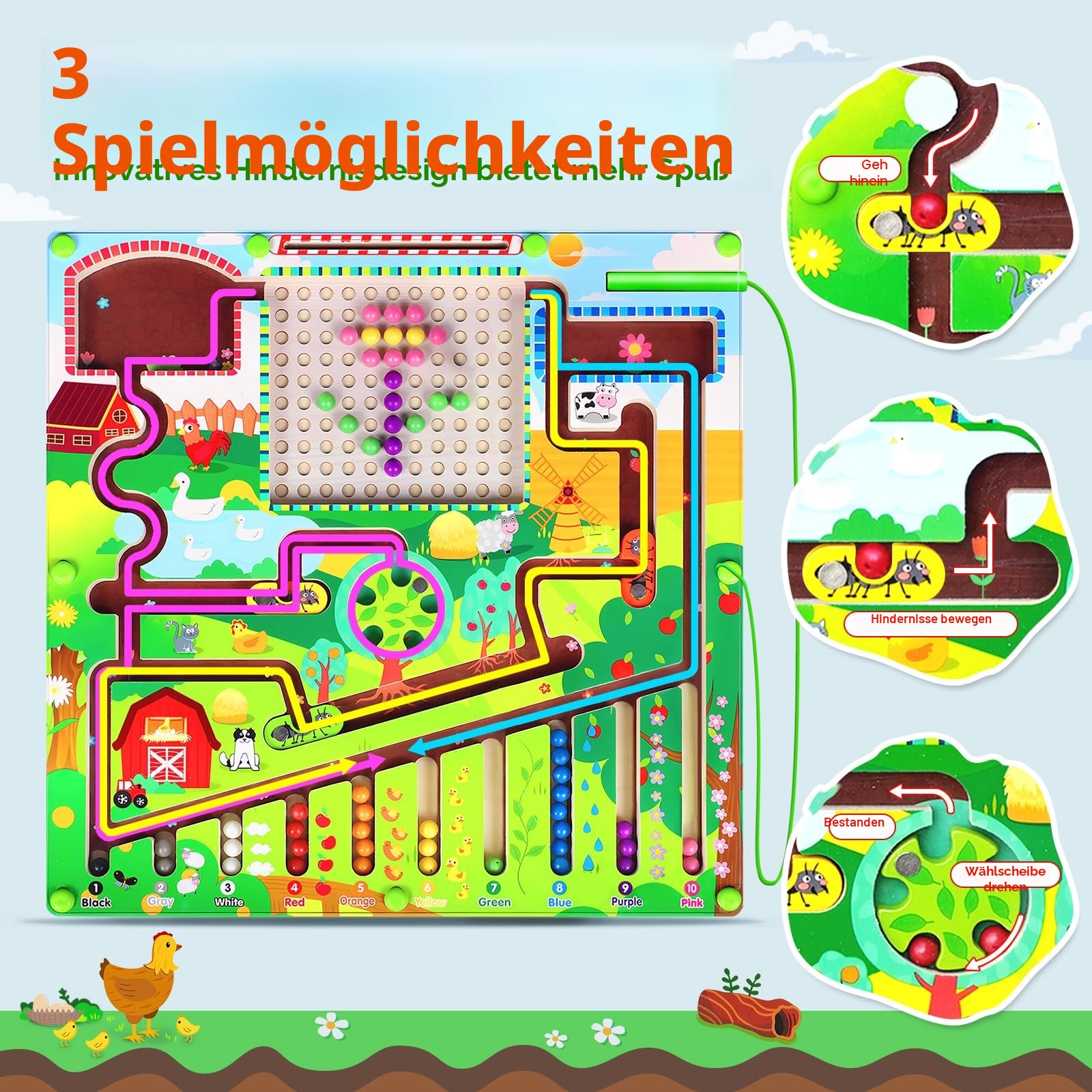 Montessori Spielzeug ab 3 Jahre, Magnetspiel Labyrinth Spielzeug, Holzspielzeug Zahlen und Farben Lernspielzeug Motorikspielzeug ab 3 4 5 6 Jahre, Geschenk für Kinder Jungen Mädchen