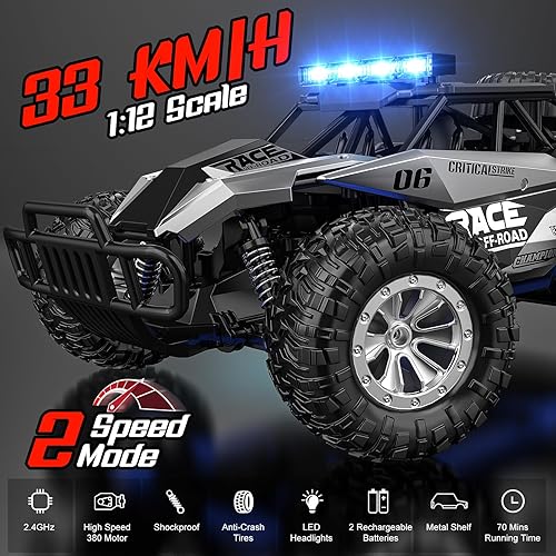 Miniatura 2 de BLUEJAY Coche de control remoto, 2.4 GHz de alta velocidad de 33 KMH RC coches, 112 Monster RC Truck Off Road con faros LED y batería recargable,