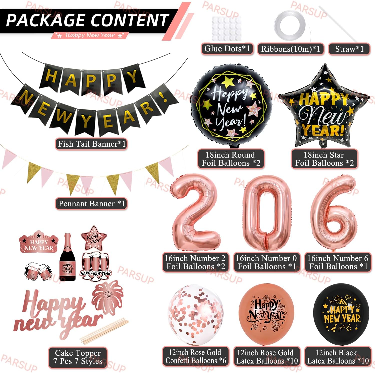 New Years Eve Party Decorations 2026, Rose Gold Happy New Year Decorations, Happy New Year Banner, 16inch 2026, 18inch Star & Round Foil Balloons, Latex Confetti Balloons image 2