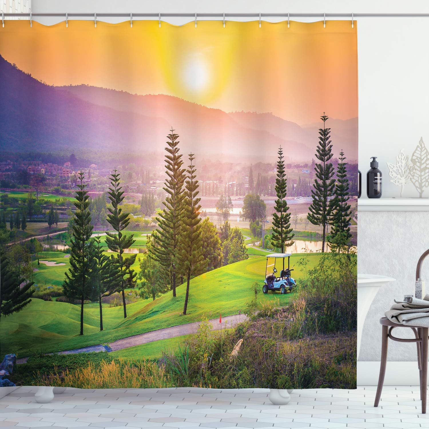 Ambesonne Nature Shower Curtain, Golf Resort Park in Spring Season Trees Sunset Hills Valley End of The Day, Cloth Fabric Bathroom Decor Set with Hooks, 69" W x 75" L, Soft Blue Vermilion Off White