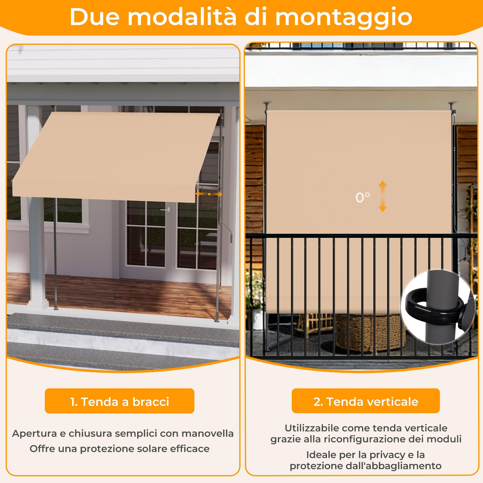 Tenda da Sole a Morsetto con manovella regolabile, Impermeabile Anti-UV, 200 cm x (120-150) cm Cachi