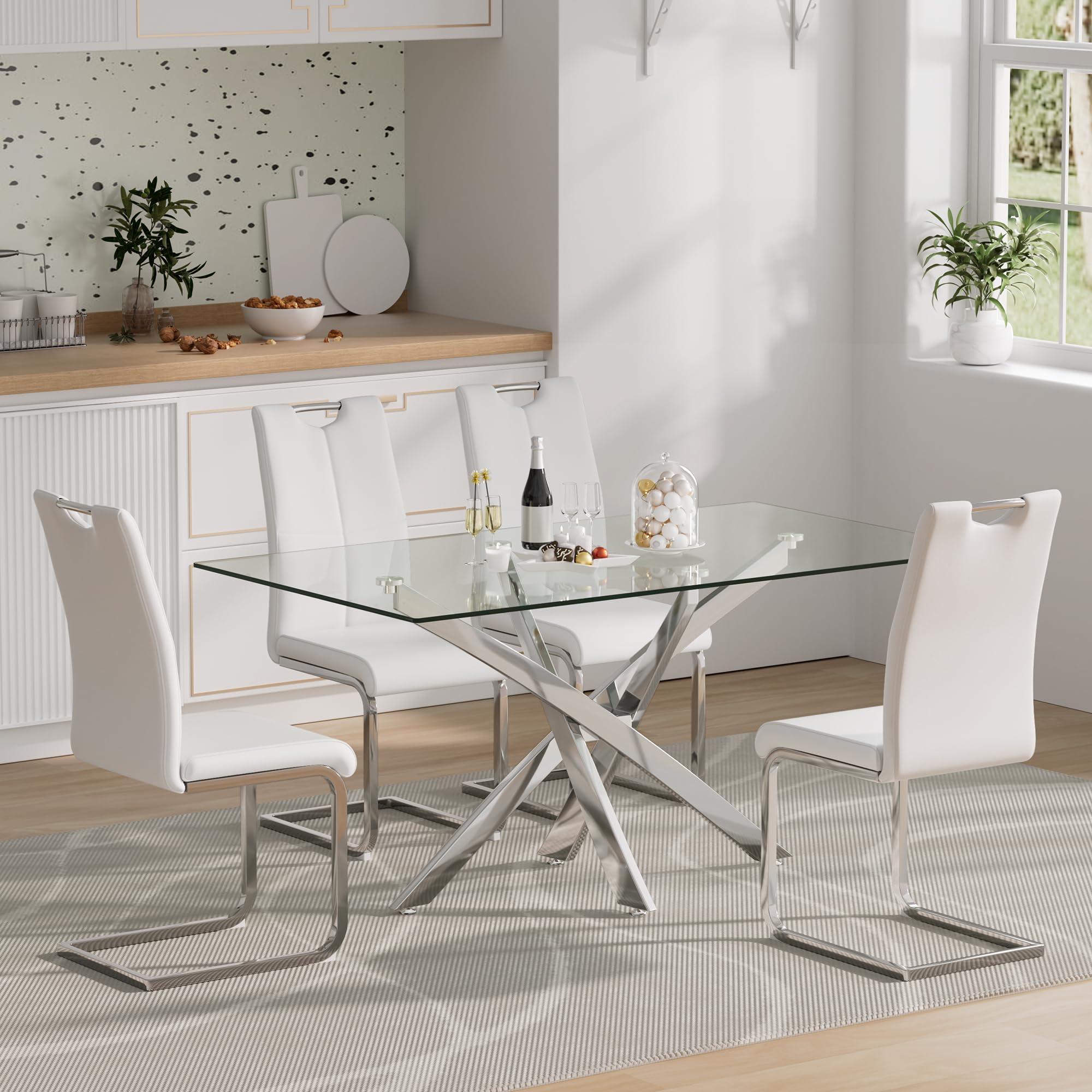 ( Only top ) Glass Dining Table Set for 4, Modern 63" Dining Room Table Set for 4, Silver X-Shape Pedestal Glass Table with 4pcs White Dining Chairs, 5 Piece Dining Table Set for Dining Living Room