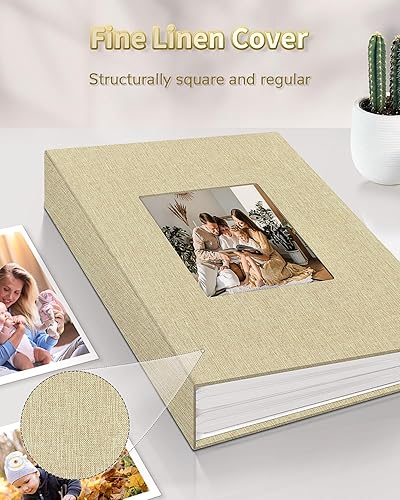 Miniatura 33 de Álbum de fotos de 4 x 6 pulgadas con 300 bolsillos, álbumes de fotos deslizables, cubierta de lino, libro de recuerdos con ventana frontal, página