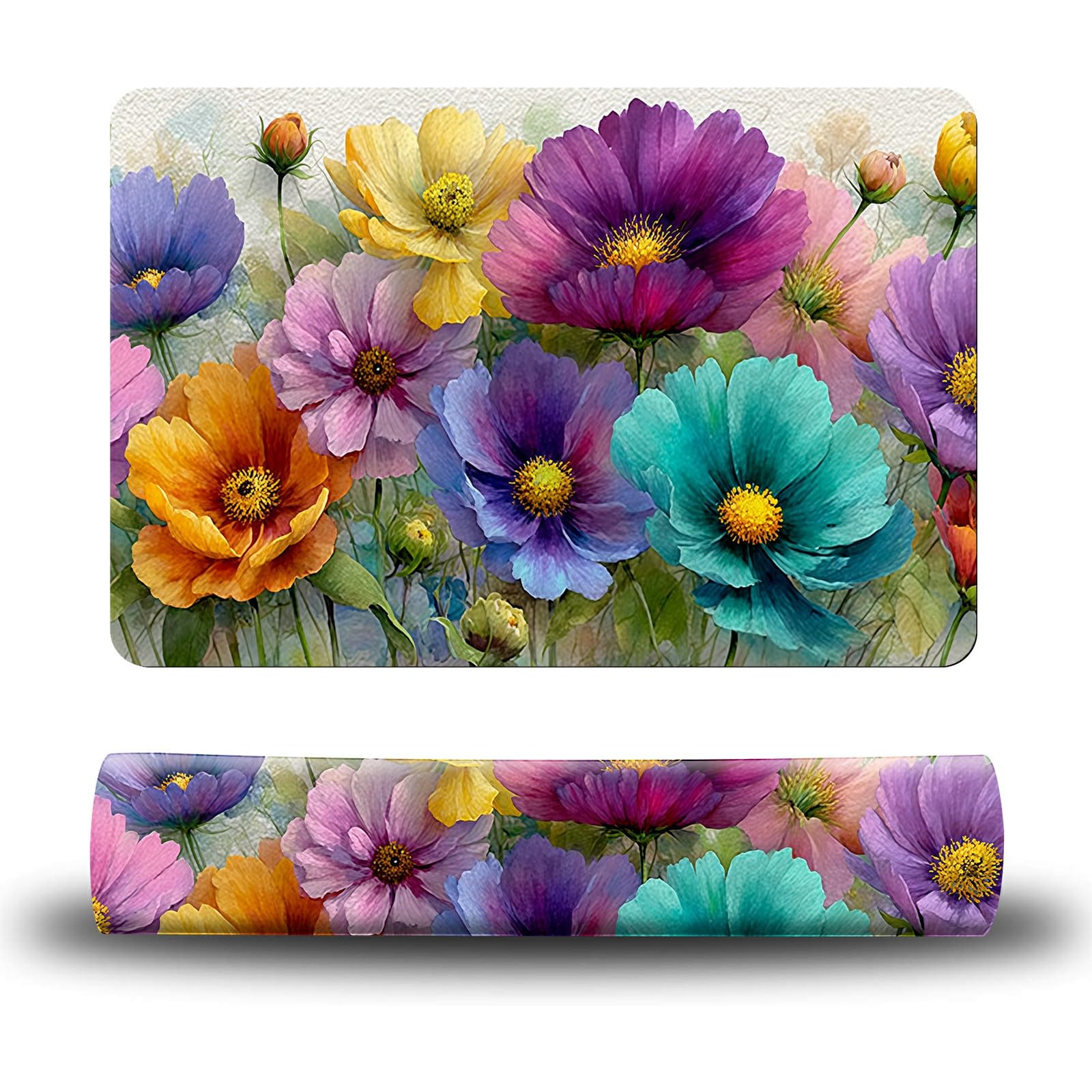 Dikoer Dog Food Mat, 19.6" x 23.6" Absorbent Pet Feeding Mat for Food and Water, Waterproof Diatom Mud Pet Placemat with Non-Slip Rubber Backing, Cat Bowl Mat for Floors - Purple-Green Flowers