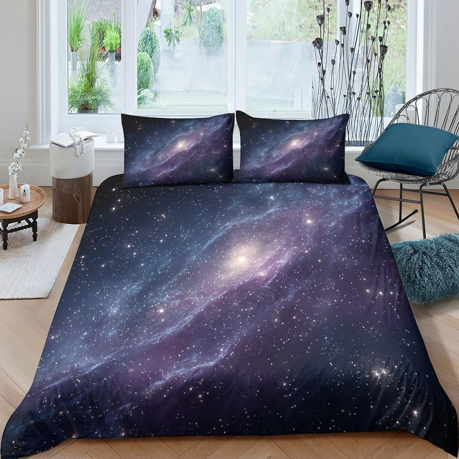 GPLZQXKJNH 3D Printed Galaxy Starry Sky Duvet Cover Microfiber Breathable Cosmic Nebula Bedding Set with 2 Pillowcases for Bedroom Apartment Single（135x200cm）