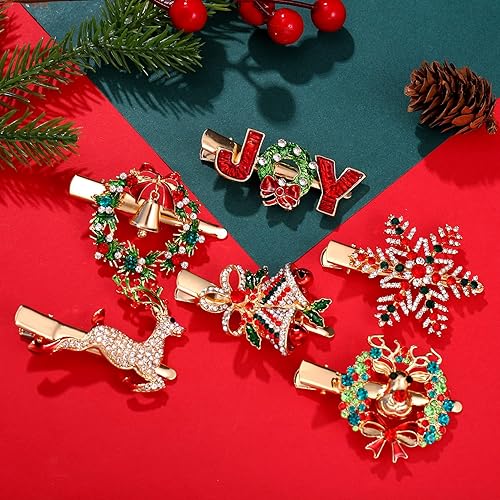 Miniatura 4 de 6 pinzas navideñas para el cabello para mujer, corona de copos de nieve, campanas de reno, horquillas para el pelo con diamantes de imitación,