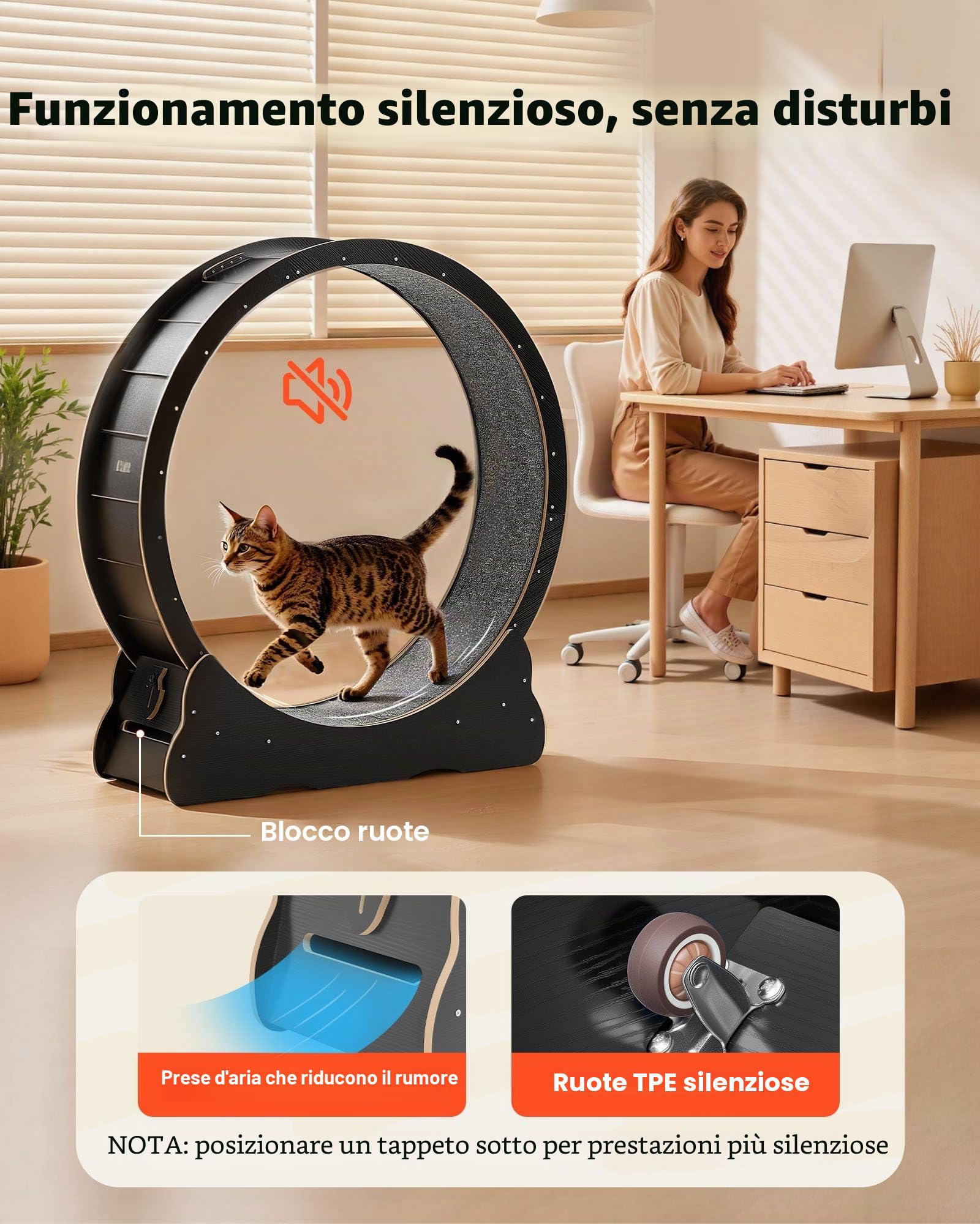 VEVOR Ruota per Esercizi per Gatti, Ruota per Correre in Legno da 120 cm per Gattini da Interno Fino a 12,7 kg, con Pista in Moquette e Meccanismo di Bloccaggio, per Animali Domestici, Fitness Nero