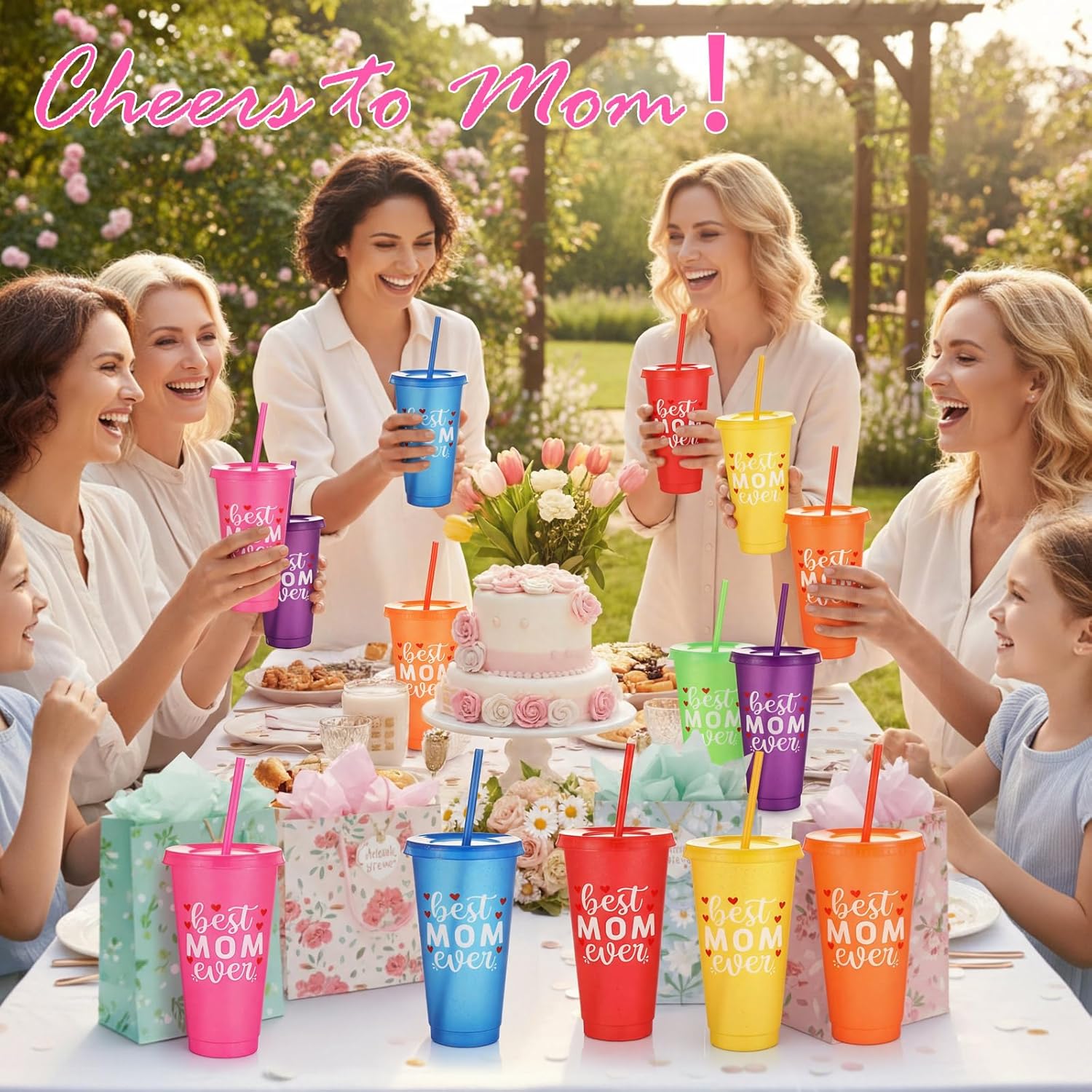 Rtteri 48 Pcs Mother's Day Appreciation Cups Gift Bulk Best Mom Ever 24 oz Plastic Reusable Coffee Mugs with Straws and Lids for Mom Women Party Supplies Favors