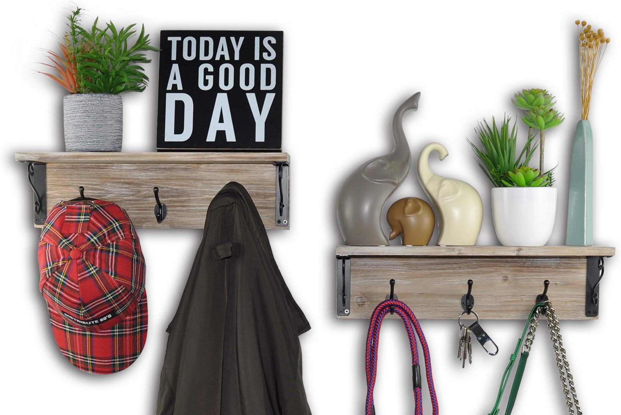 Spiretro Wall-Mounted Coat Hook Rack with Shelf - Set of 2 - Rustic Wood Grey...