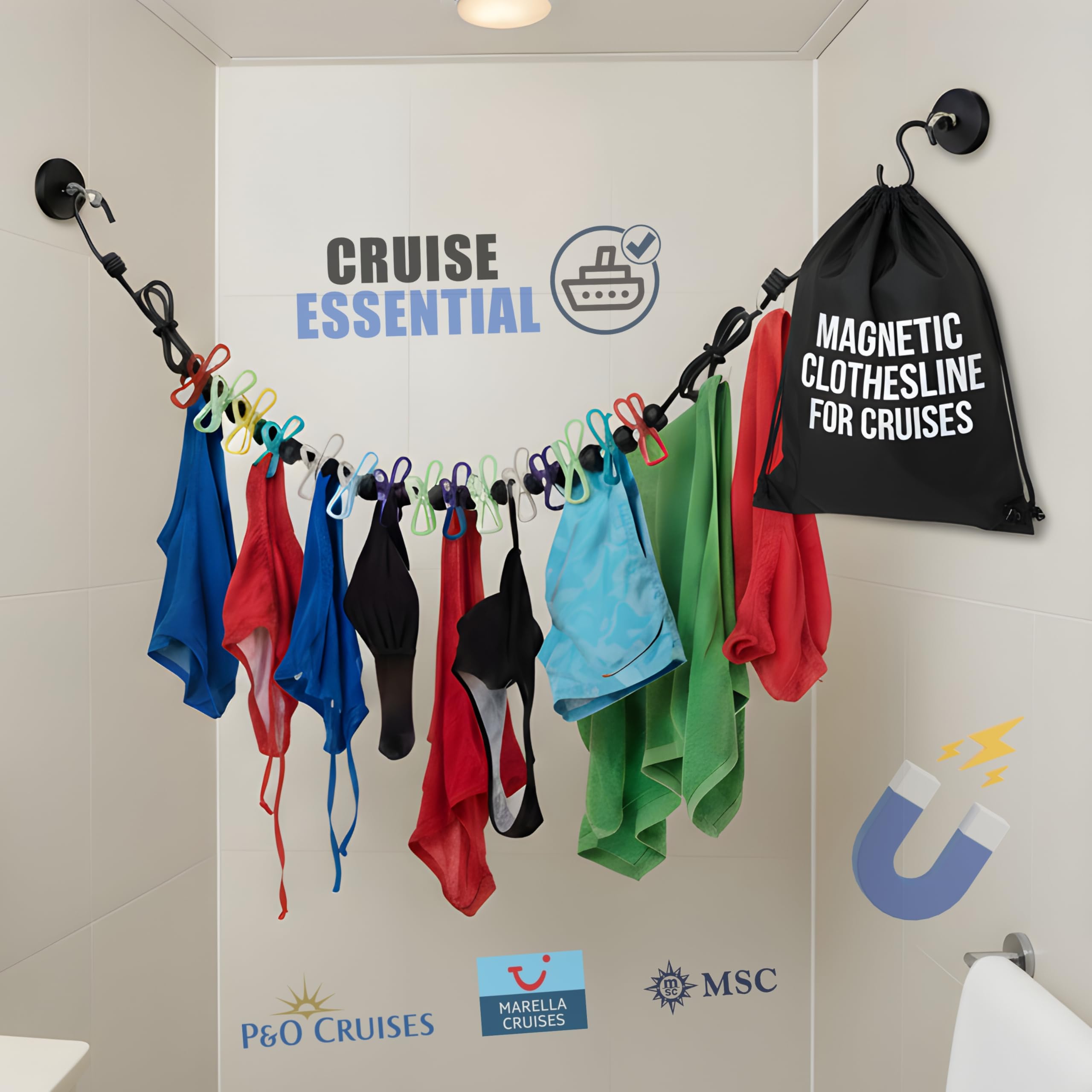 Anchors Up Multi-Colour Magnetic Clothesline For Cruise Ship Cabins – Cabin Approved Travel Clothes Line With Non-Scratch Magnets – Portable Laundry Drying Rope, Cruise Accessories & Essentials