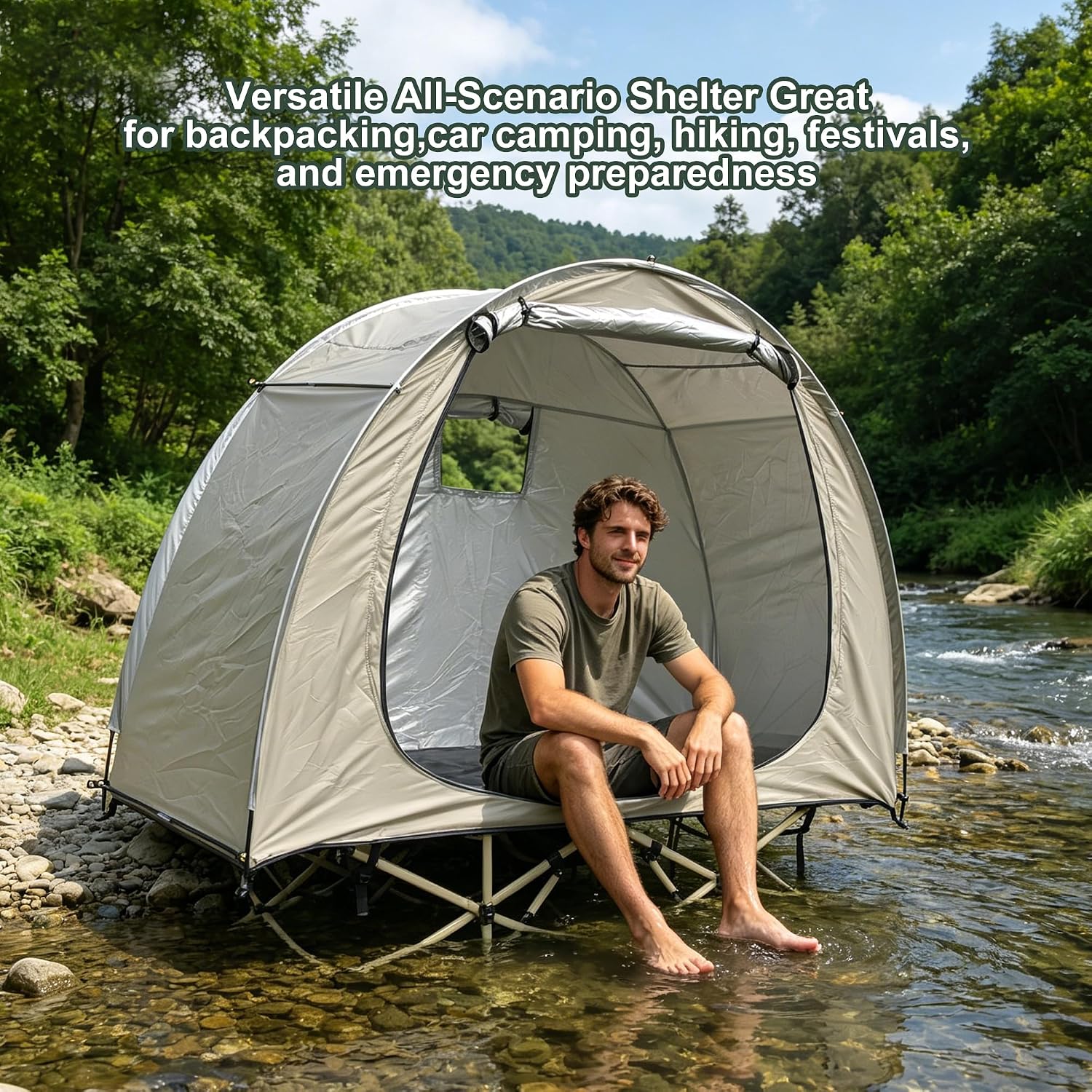 1 Person Solo Cot Tent (Bed Not Included), 210D Silver Fabric, Waterproof, Compact Portable Camping Shelter