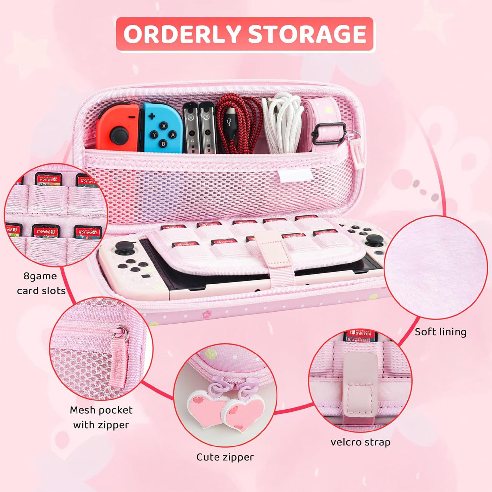 RHOTALL custodia da trasporto per Nintendo Switch, rosa custodia da viaggio accessori per Switch con guscio protettivo, tracolla, custodia per carte di gioco, protezione schermo e 2 tappi per pollice