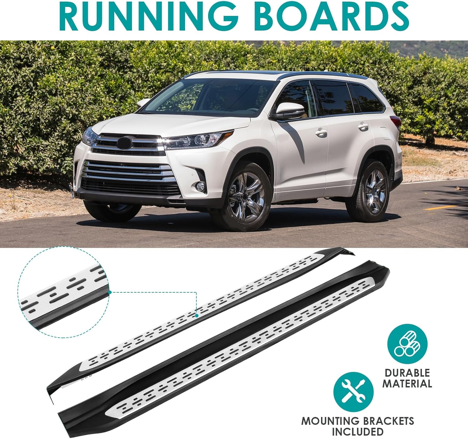Running Boards Side Step Nerf Bars Compatible with 2014-2019 Highlander Running Boards Nerf Bars Side Steps Polished Left+Right Powder-Coated ABS,Aluminum Alloy, Strict QC&Fitment Tested