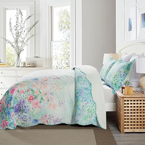 Vista 118 de NEWLAKE Juego de colcha de algodón, juego de colcha reversible de retazos, estampado real clásico turquesa, tamaño Queen Turquesa Clásico