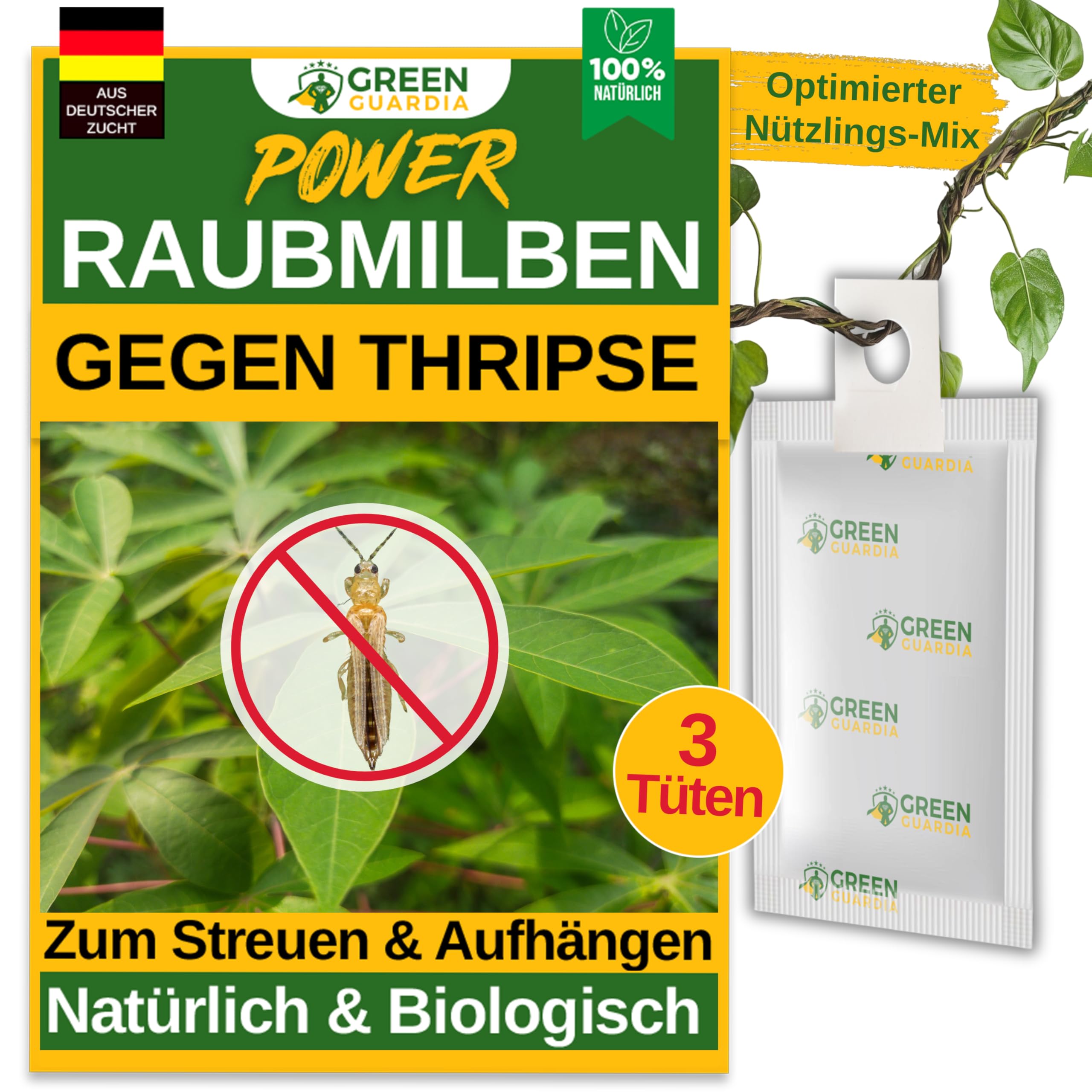 GREEN GUARDIA Power Raubmilben gegen Thripse – 3 Tüten -Biologisches Mittel zur effektiven Thripse Bekämpfung für Zimmer- & Zierpflanzen sowie Canna. – umweltfreundlich,chemiefreie Mittel