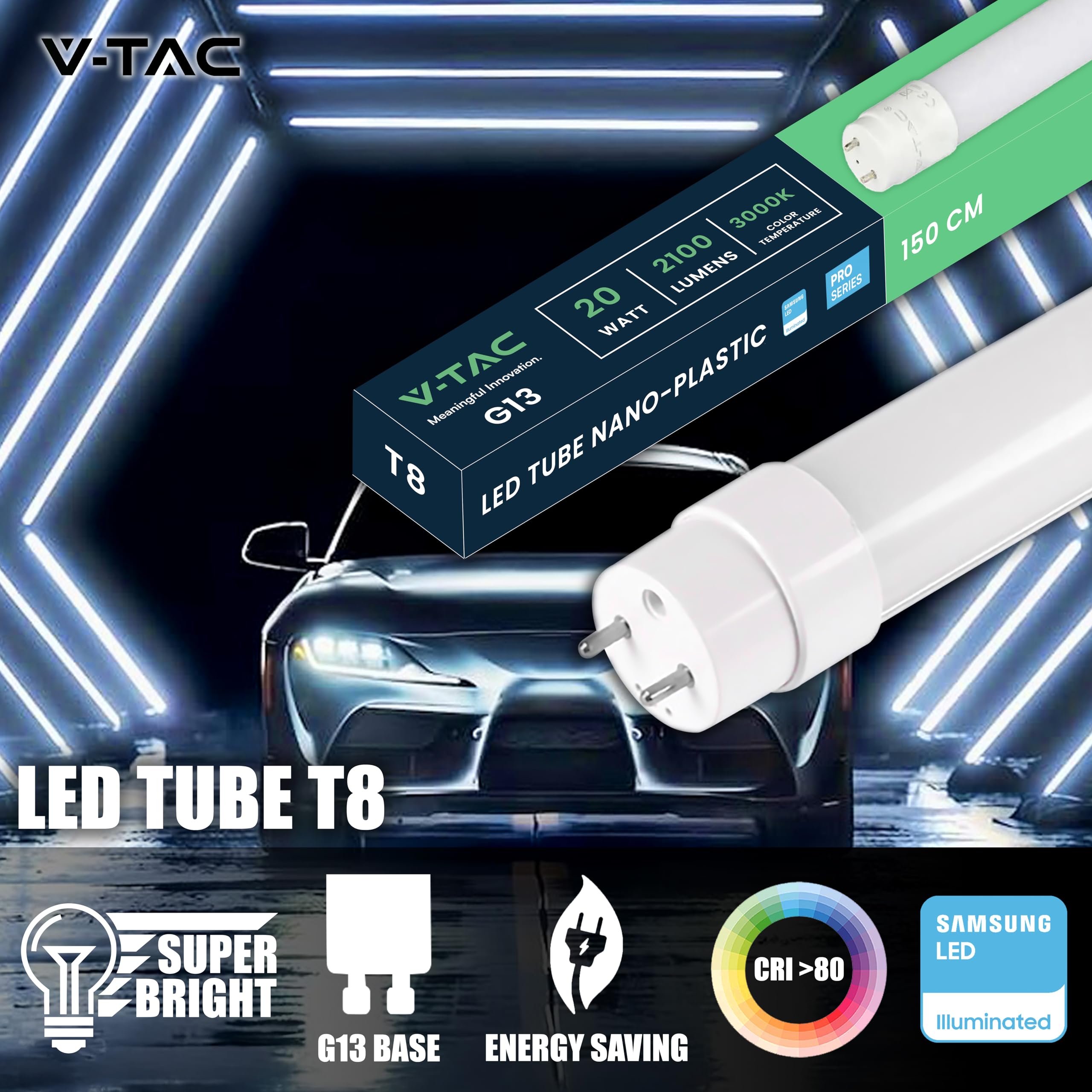 V-TAC 2x Tubo LED 150 CM - T8 G13-20W - 2100 Lúmenes - Chip Samsung - Tubos LED para Techo, Pared, garaje, Tienda - Tubo LED forma T8 - Sustitución de neón - Luz 3000K Blanco Cálido