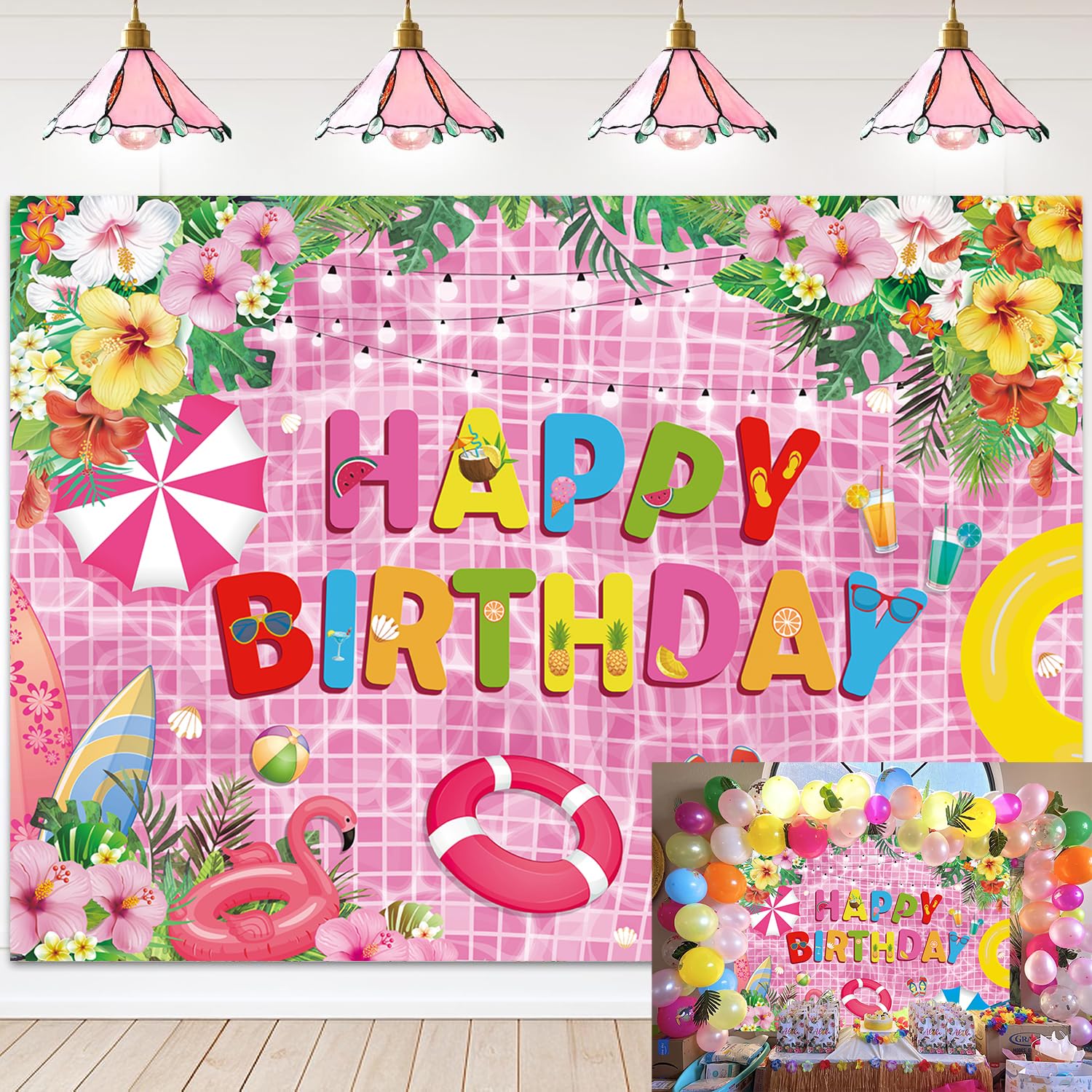 Pool Party Backdrop Summer Happy Birthday Photography Background Girls Tropical Palm Flower Swimming Pool Banner for Hawaiian Summer Birthday Party