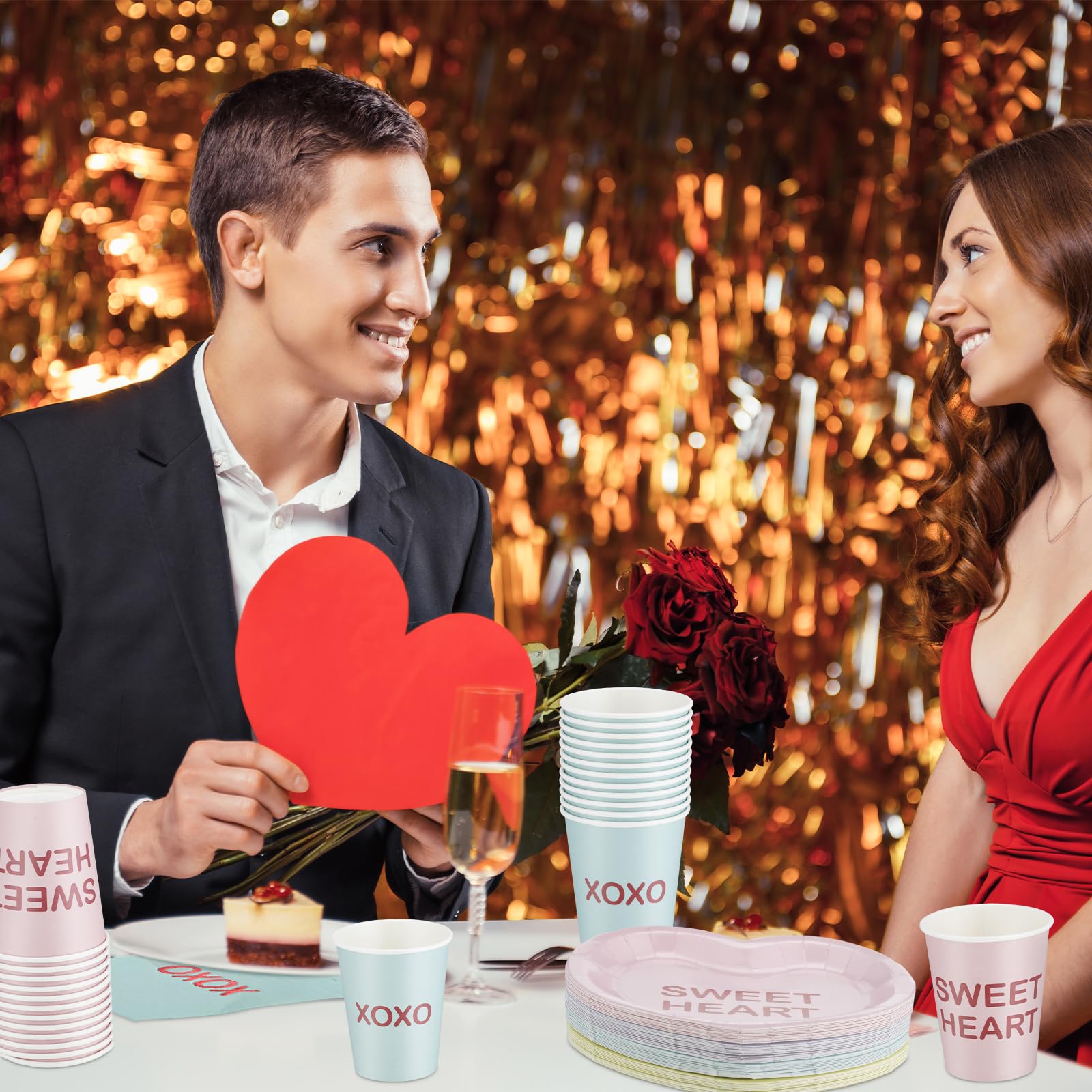 Maxcheck 196-teiliges Valentinstagsparty-Geschirr-Set für 48 Personen, inklusive Valentinstag-Gesprächs-Herz, 17,8 cm, Pappteller, 266 ml, Becher, 12,7 cm, rosa Servietten für Valentinstag, Jahrestag,