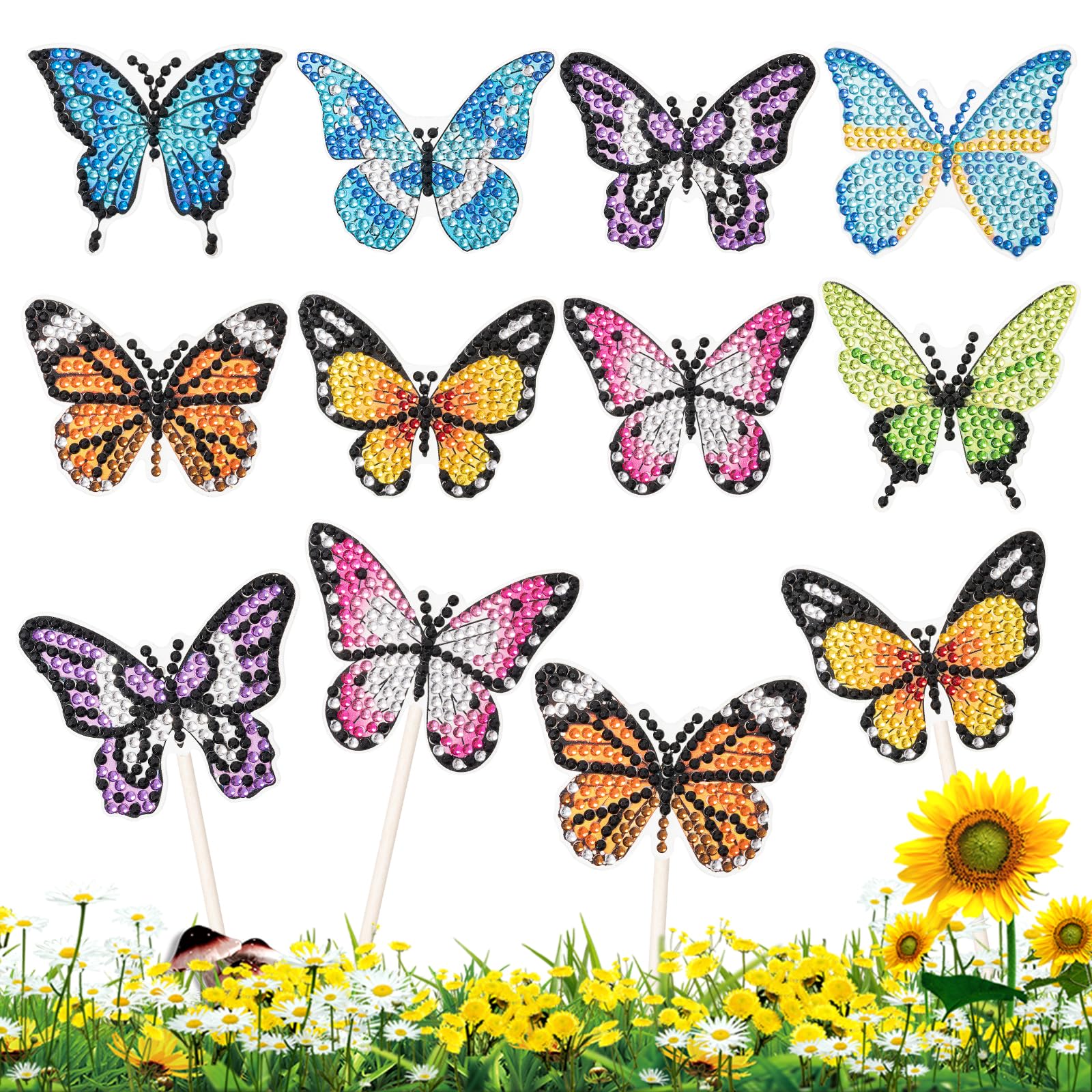 JSRQTStakes Diamond Art Kits Butterfly Diamond Art Painting Ornaments Accessories 5D DIY Diamond Garden Butterfly Stakes for Garden Decor Potted Plugin Crystal Art Kit for Craft Lovers (8 Pieces)