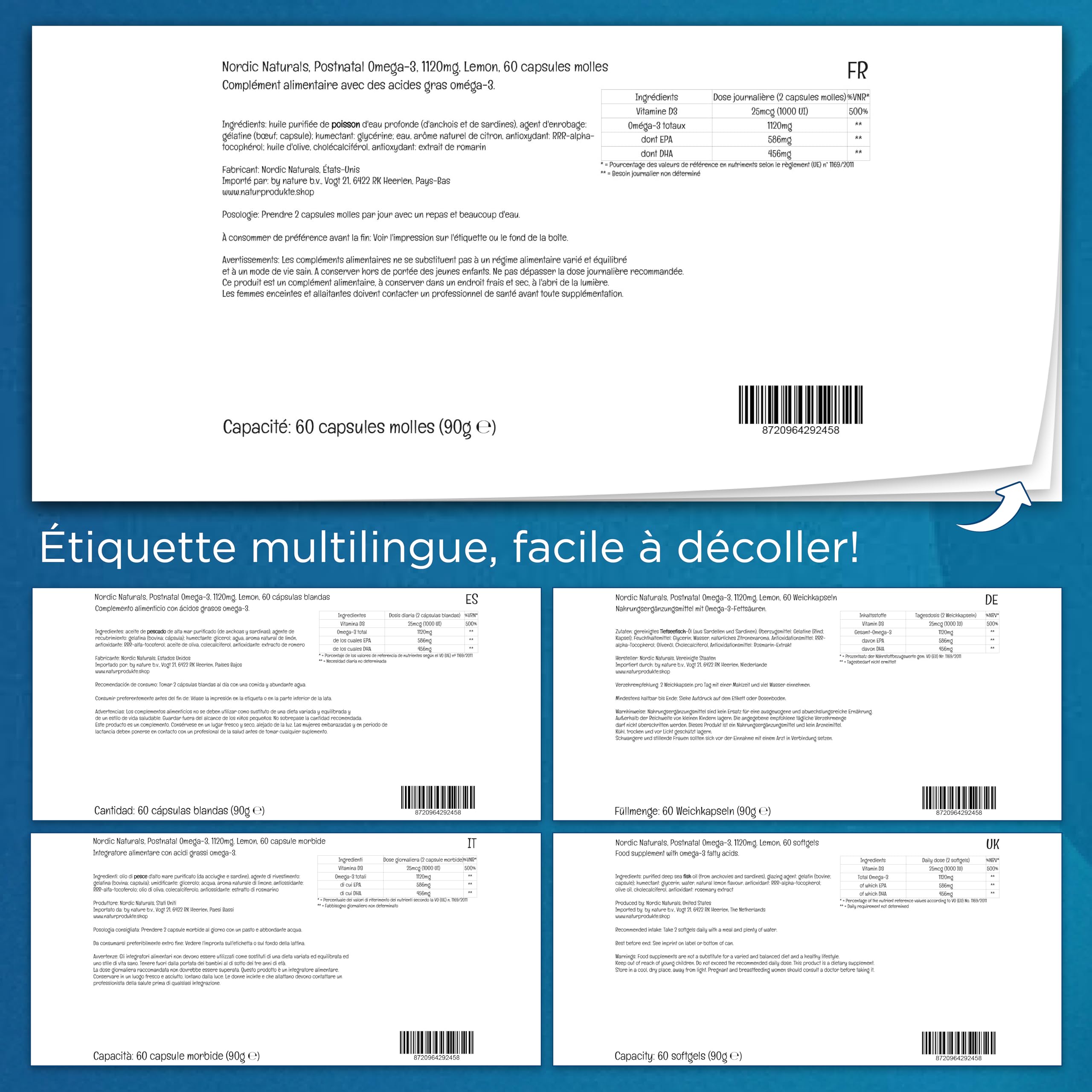 Nordic Naturals, Postnatal DHA, 1120mg d'Oméga-3 avec EPA, DHA et Vitamine D3, Haute Dosé, Goût Citron, 60 Capsules molles, Sans Soja, Sans Gluten, Sans OGM