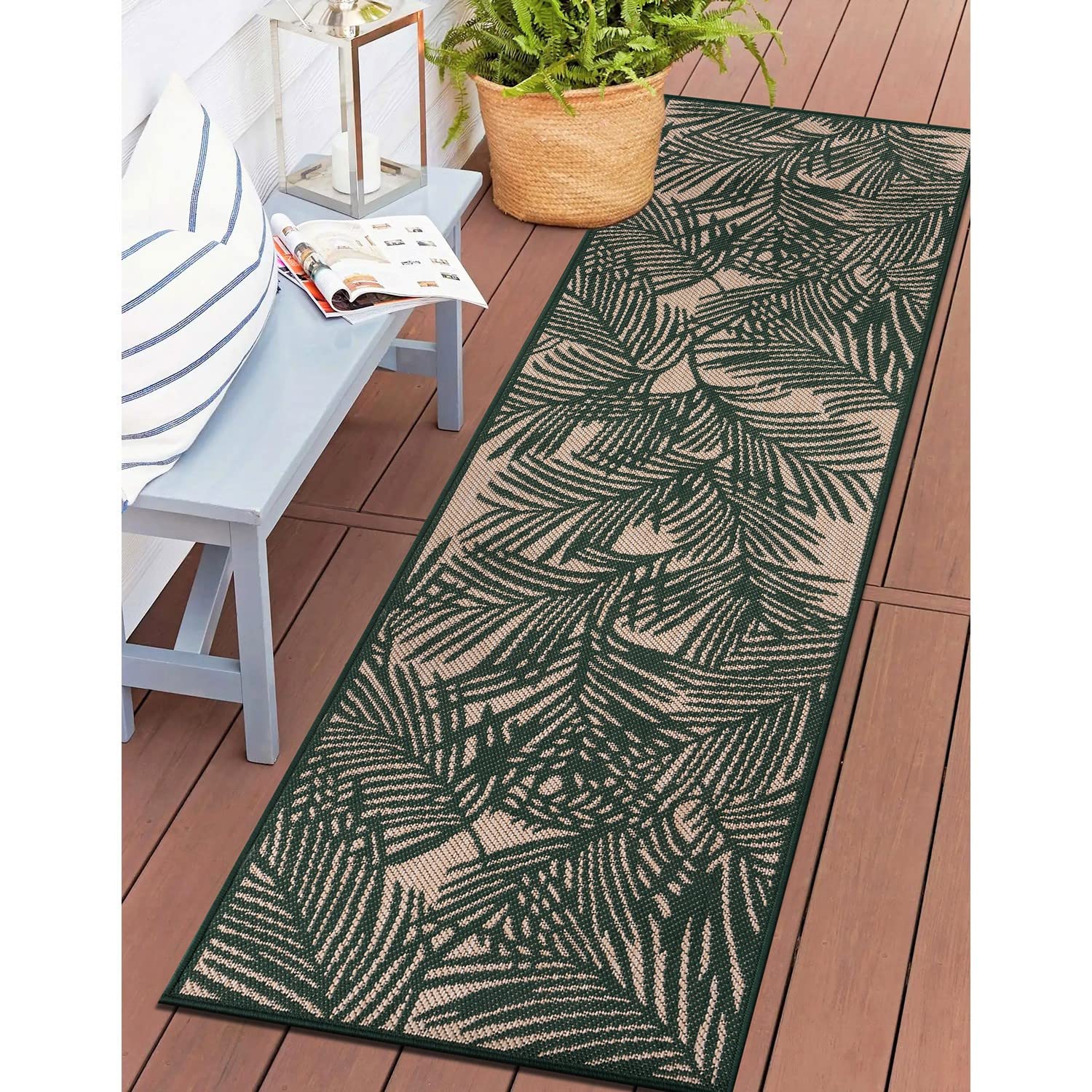 Rugshop Contemporary Palm Leaf Textured Flat Weave Easy Cleaning Outdoor Rugs for Deck,Patio,Backyard Indoor/Outdoor Runner Rug 2' x 7' Green