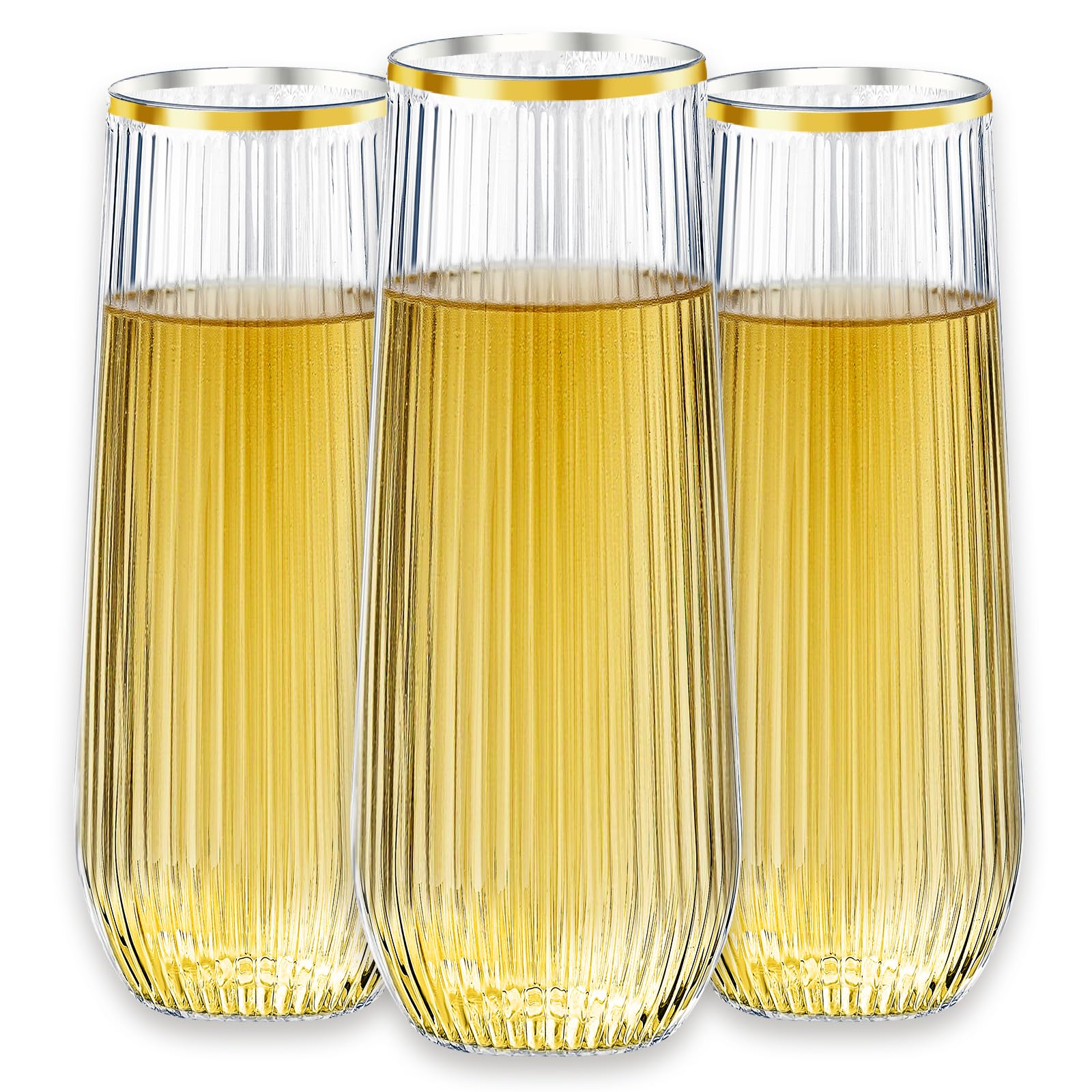 Paquete de 48 copas de champán desechables de plástico transparente de 9 onzas, copas de champán de plástico transparente con borde dorado, irrompibles para fiestas, bodas, cumpleaños