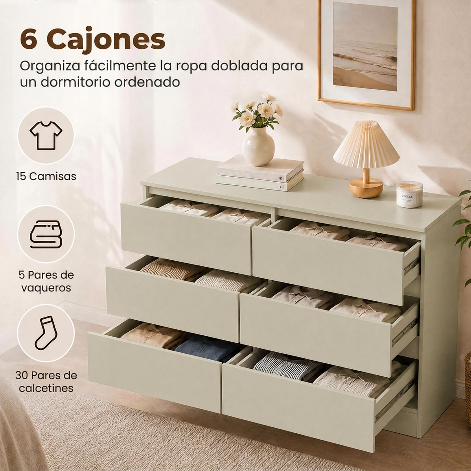 HOMCOM Cómoda de 6 Cajones para Dormitorio 100x35x69 cm Marrón Claro