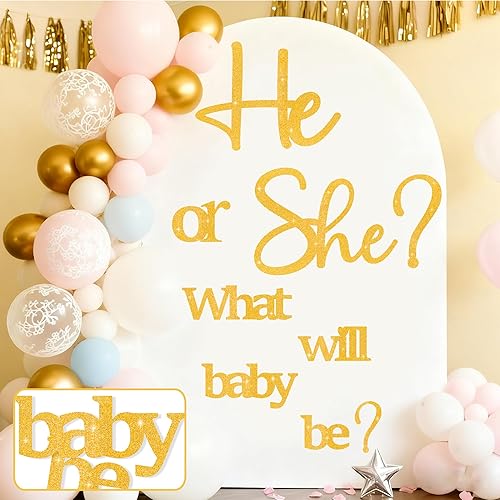 Miniatura 10 de Grandes calcomanías de revelación de género para telón de fondo, señal de baby shower de madera, ¿él o ella? ¿Qué será el bebé? Arco de globos,