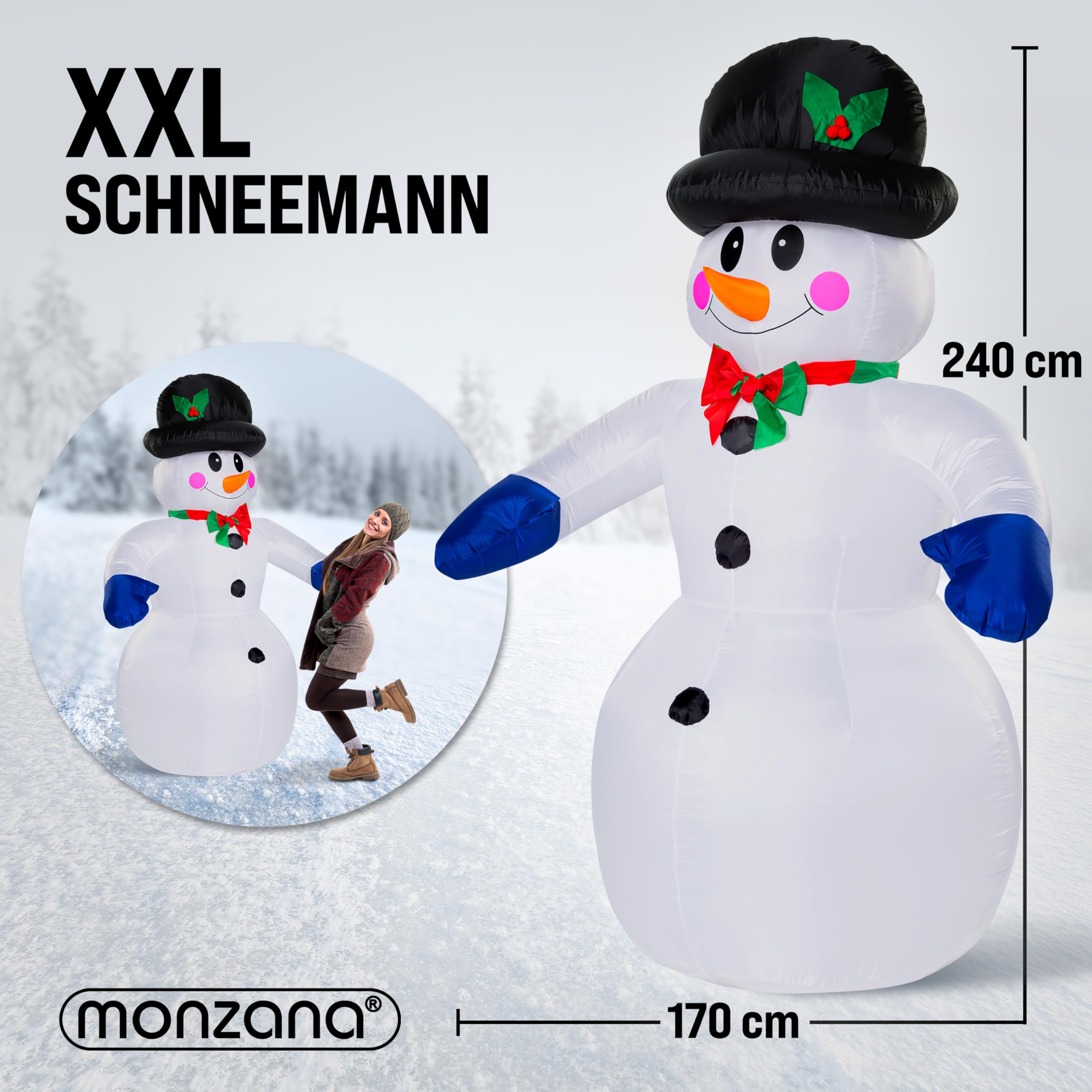 MONZANA® Aufblasbarer Schneemann XXL 240cm LED Beleuchtet Befestigungsmaterial IP44 Außen Witterungsbeständig Weihnachtsdeko Weihnachtsfigur Christmas