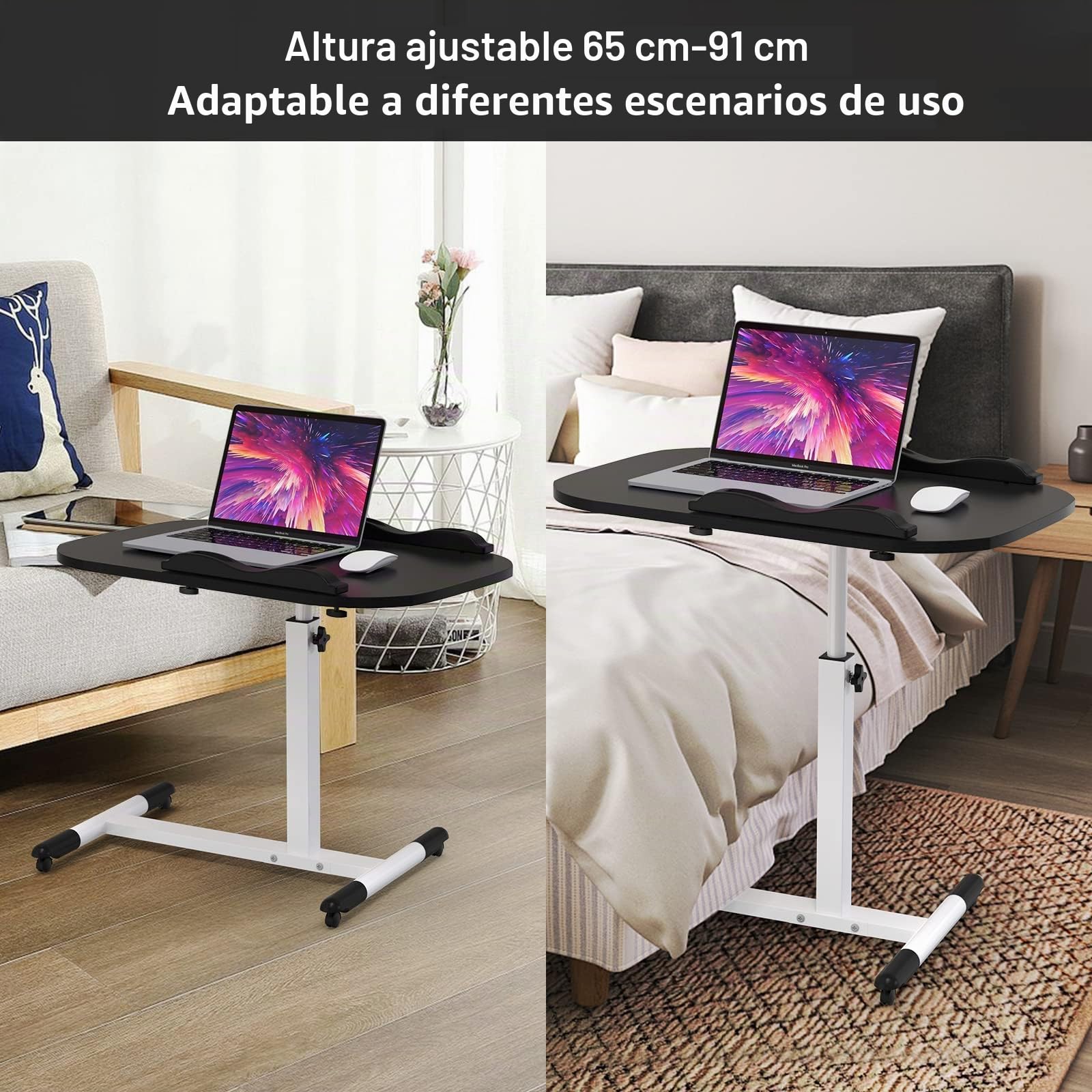 Mesa de Cama con Ruedas 60x40cm, Mesa Auxiliar de Oficina Ajustable en Altura 61-95cm, Mesa para Portátil con 2 Tiras Antideslizantes y 4 Ruedas para Salón, Dormitorio, Negro