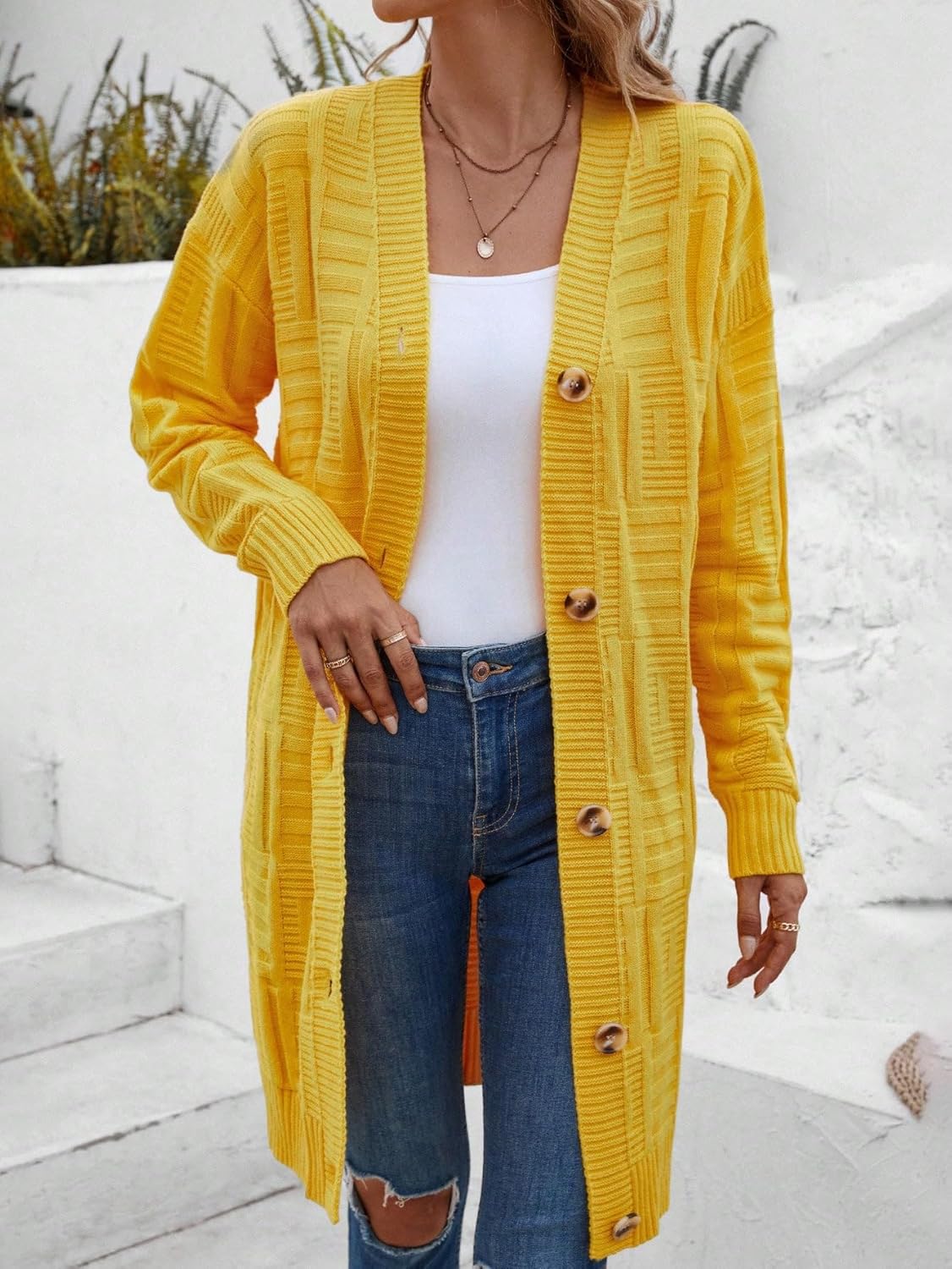 Solid Button Front Drop Shoulder Cardigan (Color : Yellow, Size : Medium)