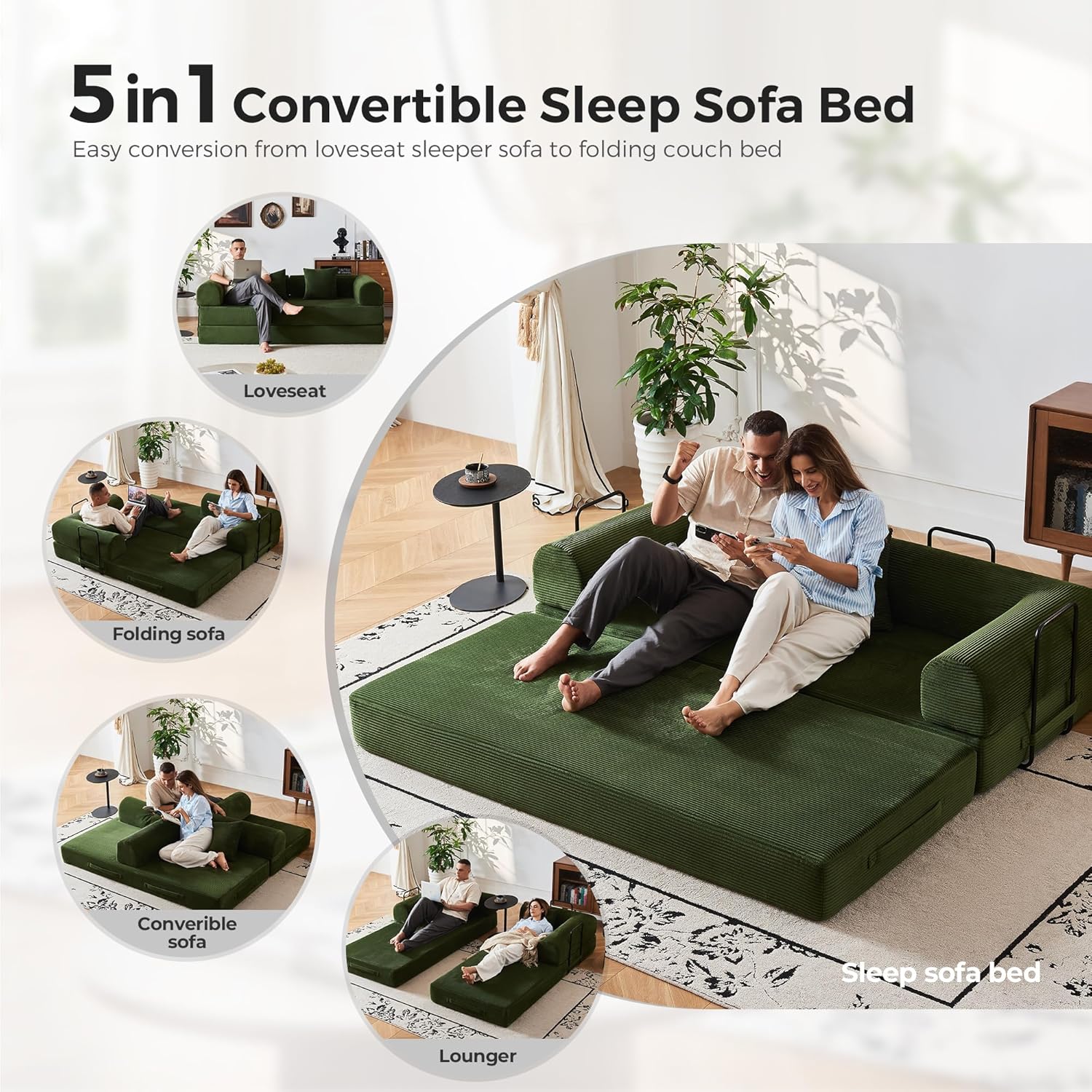5-in-1 Reinforced Folding Sofa Bed | 79" Steel Support Frame with High-Resilience Memory Foam | Sturdy & No Tools Needed for Family Living Room (Olive Green)