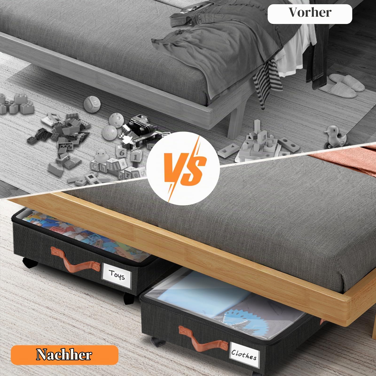 Unterbett Aufbewahrungsbox mit Rollen, 2 Stück 38L Groß Unterbett Aufbewahrung mit Deckel Metallrahmen Faltbare Unterbettkommode für Kleidung Schuhe Decken Bettwäsche Schwarz