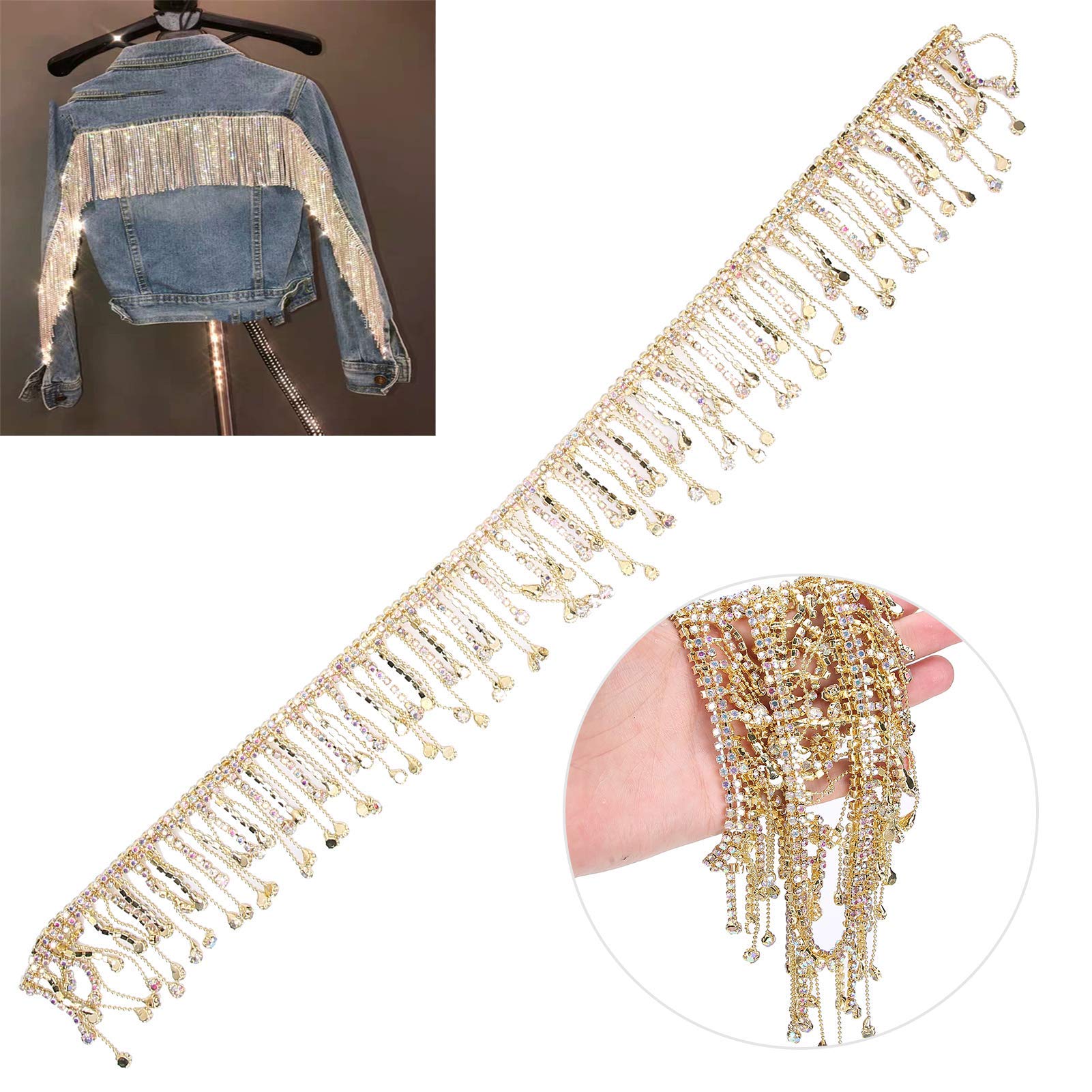 Nastro con frange e strass, 9,1 m, con nappe luccicanti, per matrimoni, feste, abbigliamento, fai da te (2 pezzi dorati)