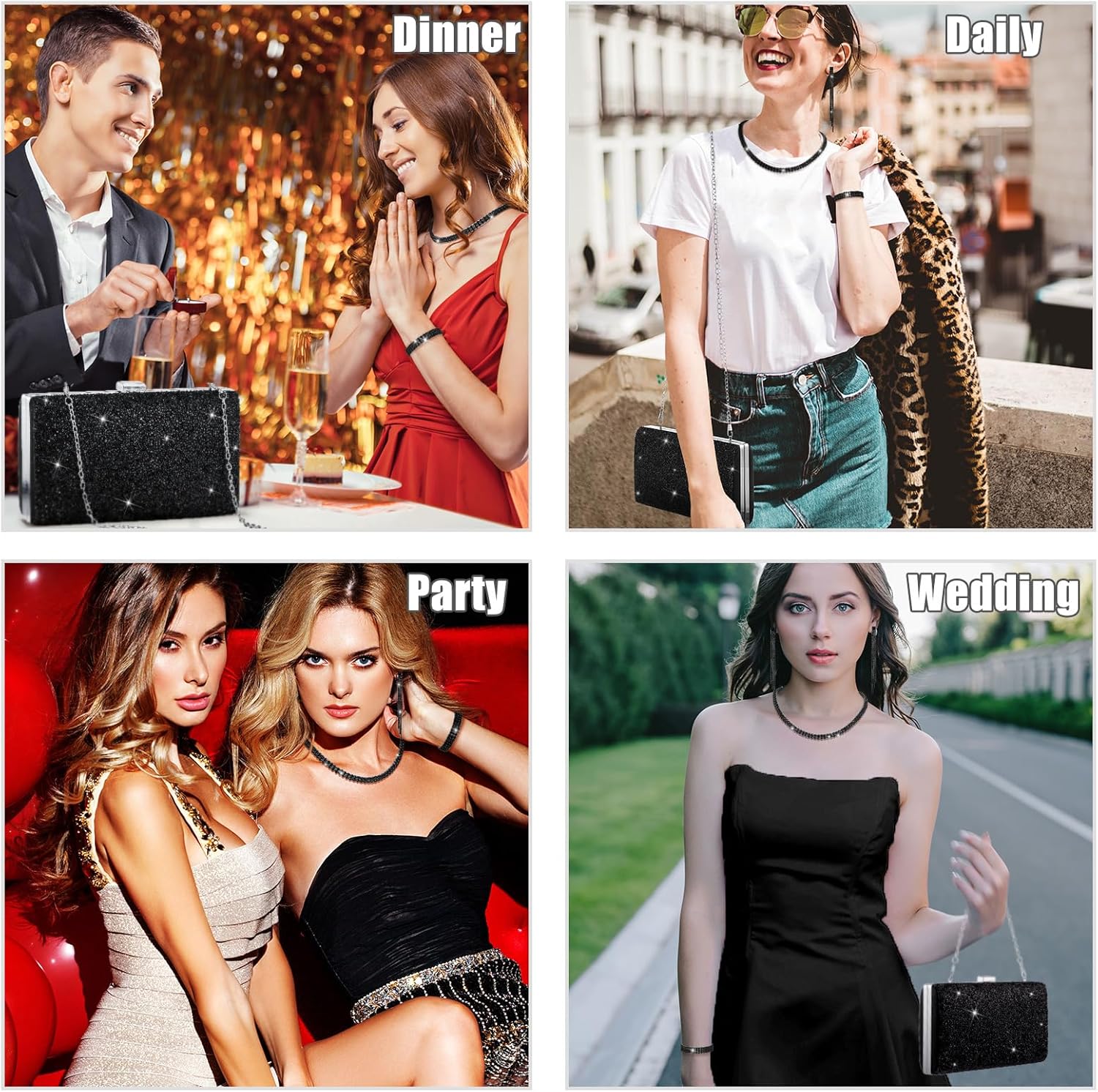 Kigeli 4 Pieces Women Rhinestone Evening Clutch Bag Bling Earring Necklace Bracelet for Wedding Formal - Image 5