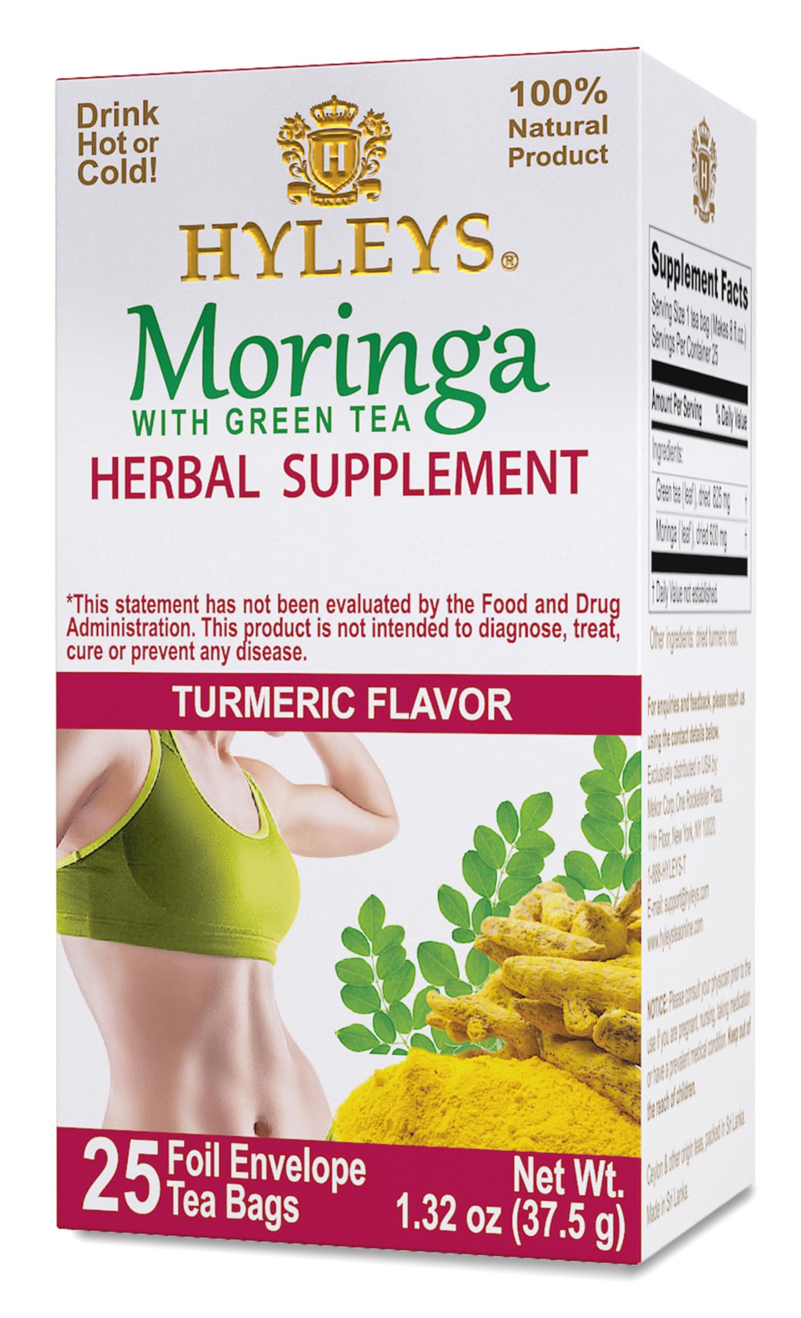 Hyleys Moringa Green Tea, Turmeric, Kosher & Vegan, 150 Tea Bags (6 Pack) Turmeric 25 Count (Pack of 6)