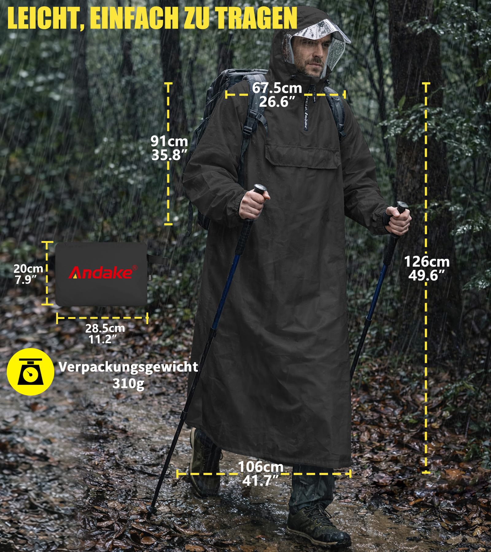 Andake Regenponcho Herren Damen Regenmantel Wasserdicht Regencape mit Ärmeln Wiederverwendbar Regen Poncho für Fahrrad Wandern