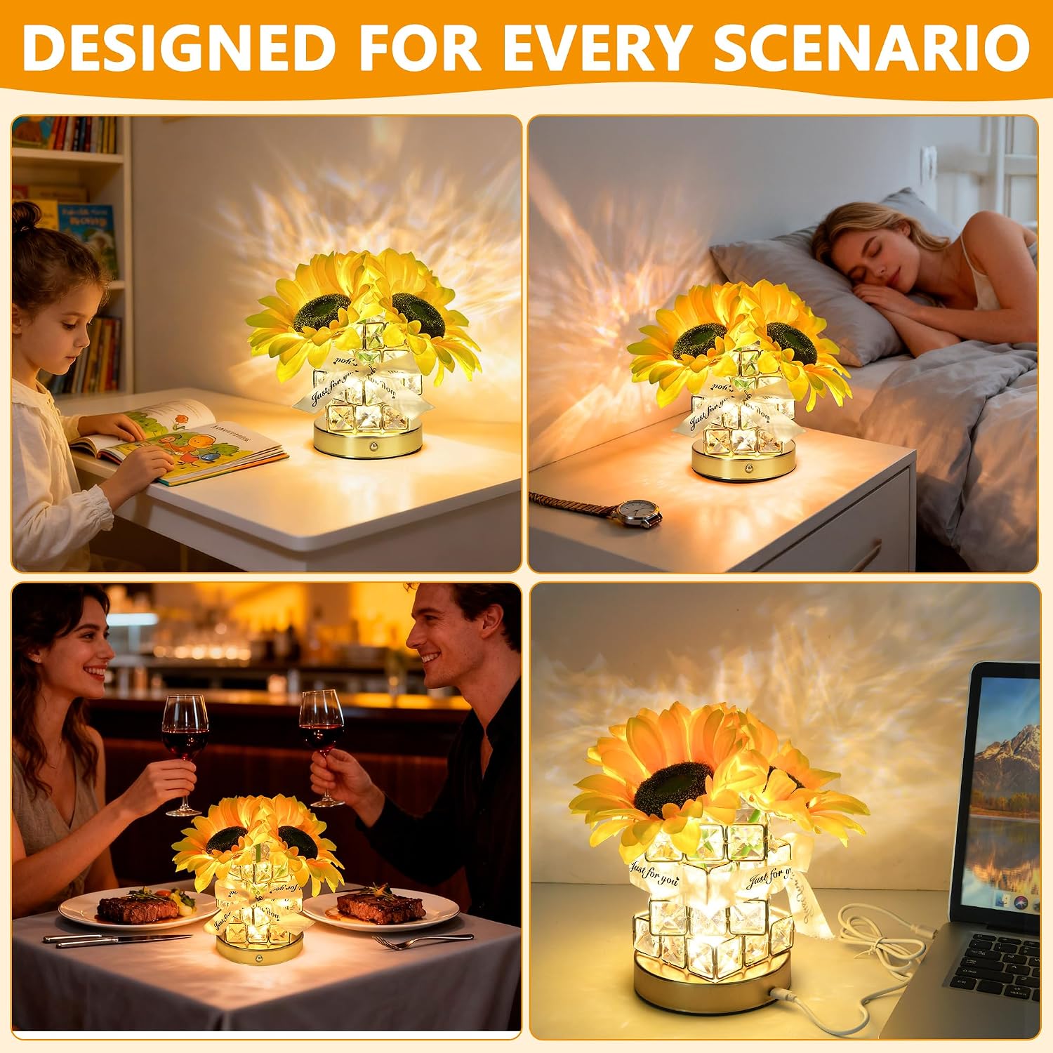 Handmade Sunflower Lamp, Rechargeable Cordless Touch Table Lamp, 3-Colour Infinitely Dimming Small Night Light, Festival Restaurant Bedroom Bar Coffee Shop Birthday Gifts for Women Mom, 2 Sunflowers