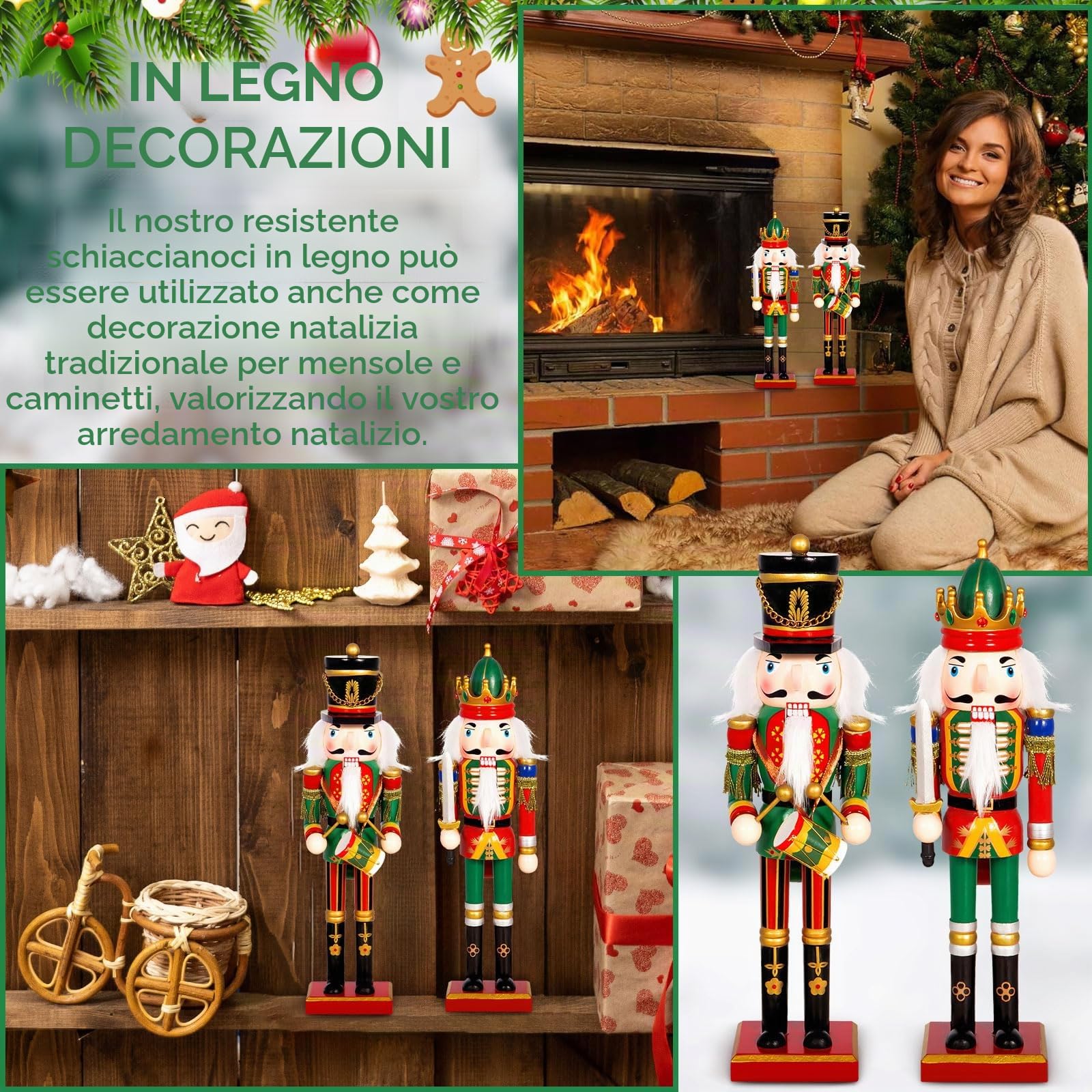 Schiaccianoci di Natale 2 Pezzi Schiaccianoci Natalizi Soldatino Tradizionale in Legno Fatto a Mano,30cm Soldatini di Legno Decorazioni,Soldatini Decorazioni Ideali per Albero di Natale