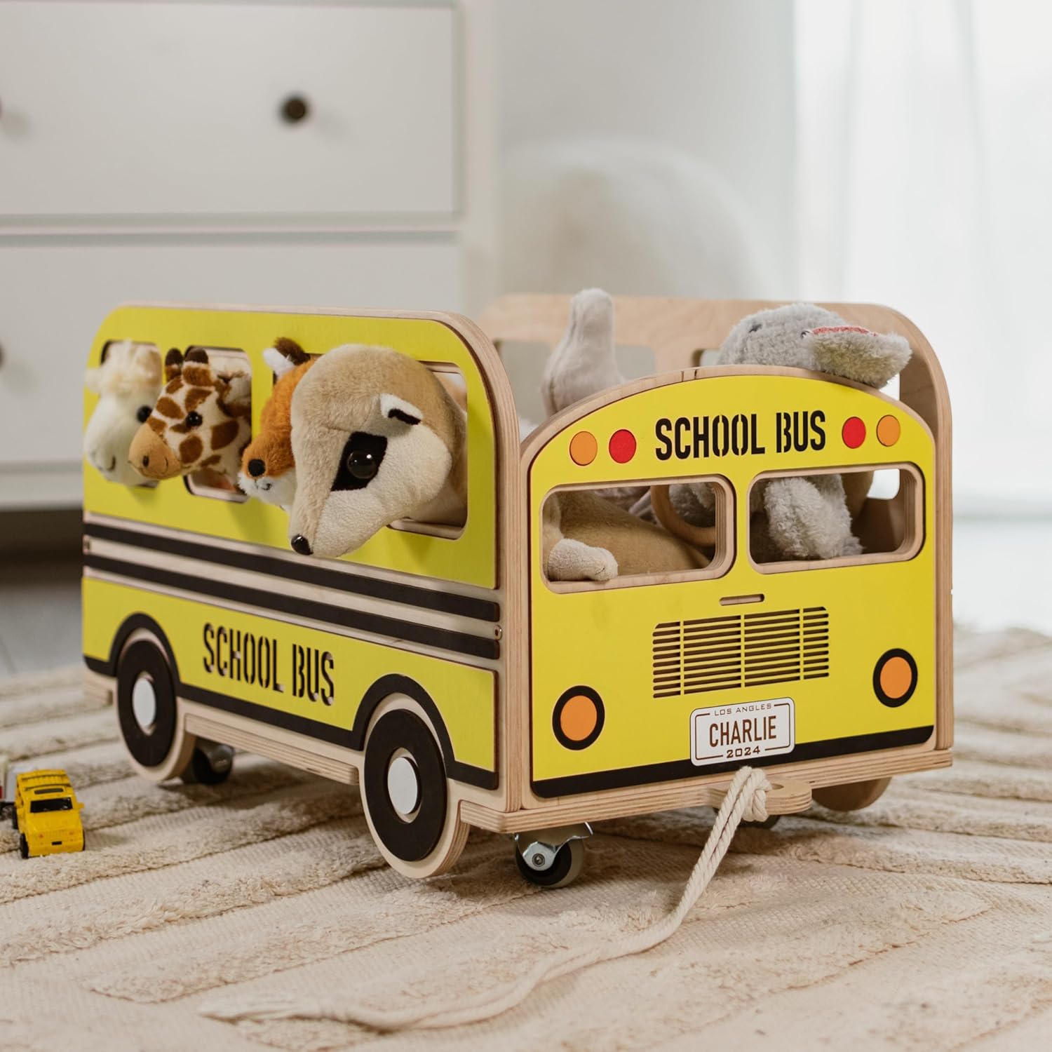 Personalized Kids Toy Storage Organizer - School Bus Wooden Toy Box for Boys with Wheels Baby Furniture - Playroom Decor Nursery Storage for Kids Room - Birthday Christmas Gifts for Kids Girls Boys