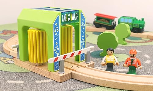 Miniatura 8 de Estación de lavado de autos de madera con camión de tren, paquete de expansión compatible con juego de tren de ferrocarril, accesorio de tren de
