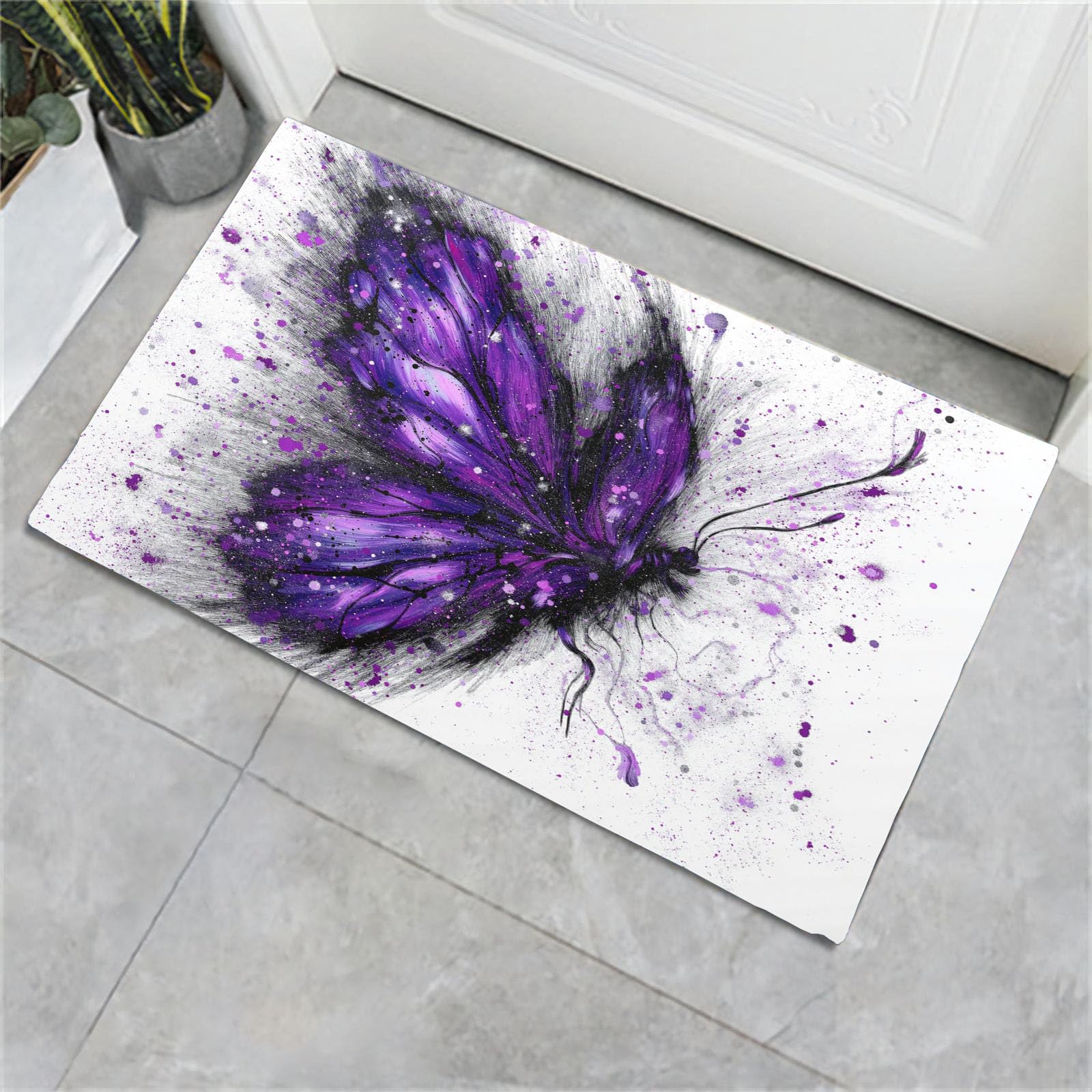 80 x 120 cm, paillasson d'entrée intérieur et extérieur, Tapis Art à l'encre éclaboussée Papillon Violet, Tapis de Sol résistant à la décoloration, Profil Bas, Facile à Nettoyer Violet