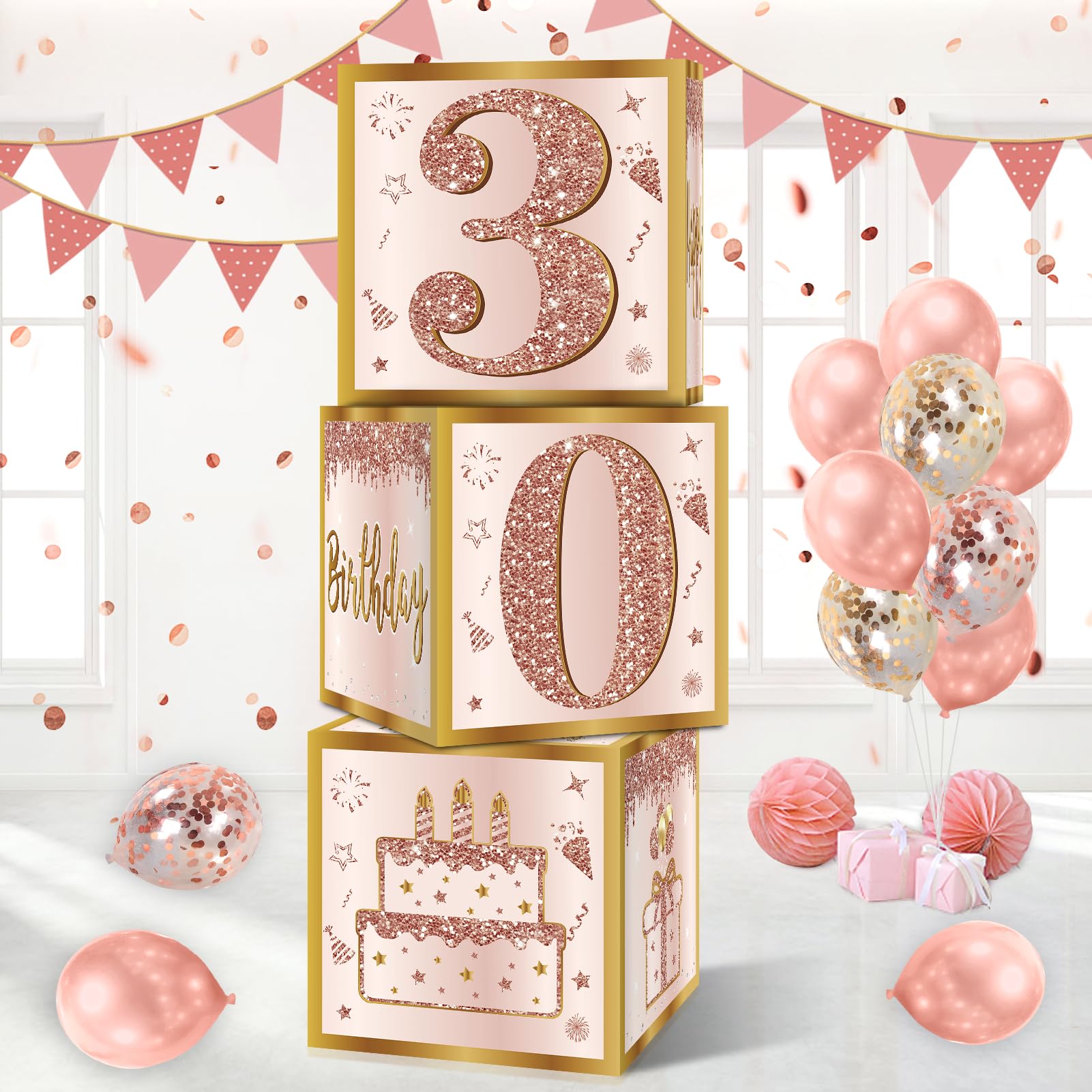 Guiruiy 3Pcs 30th Birthday Decorations Boxes for Women, Pink Rose Gold 30th Birthday Balloons Boxes Party Supplies, Pink Thirty Year Old Bday Theme