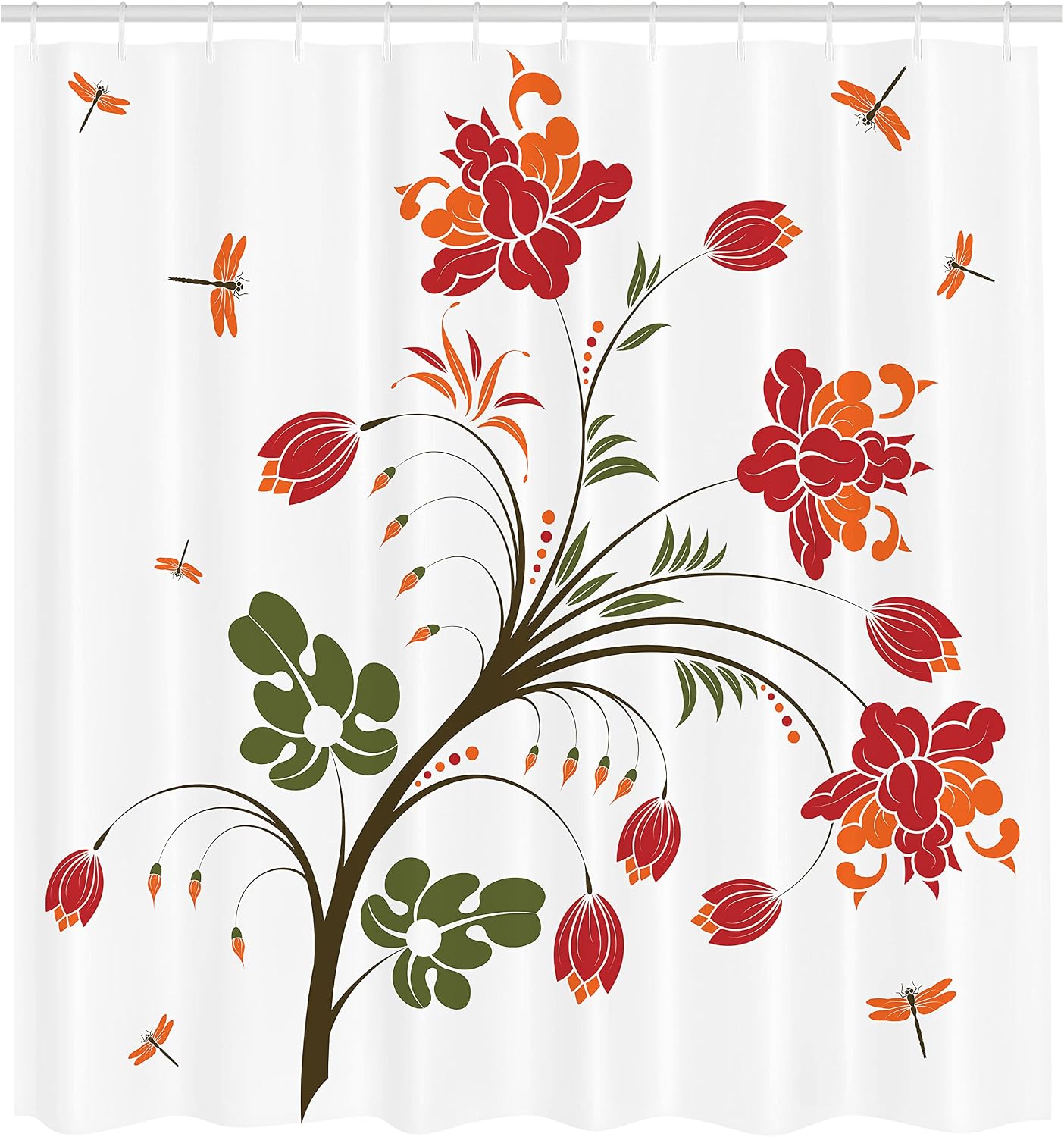 Ambesonne Dragonfly Shower Curtain, Flourishing Vivid Blossom Illustration Little Dragonflies Habitat Image, Cloth Fabric Bathroom Decor Set with Hooks, 69" W x 84" L, Olive Green