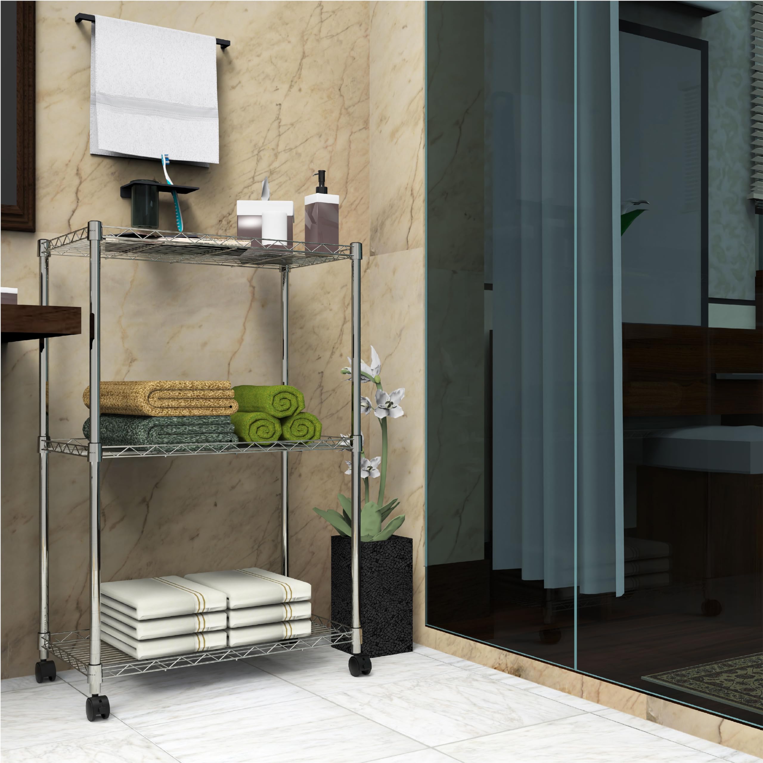 Brikk3-Layer Adjustable Carbon Steel Metal Multi-purpose Rack, 330lb Weight Capacity per shelf, Rust-resistant, Heavy-duty, Chrome Silver, 13.4"" D x 29.5"" W x 35.4"" H, BWMR03L4PC