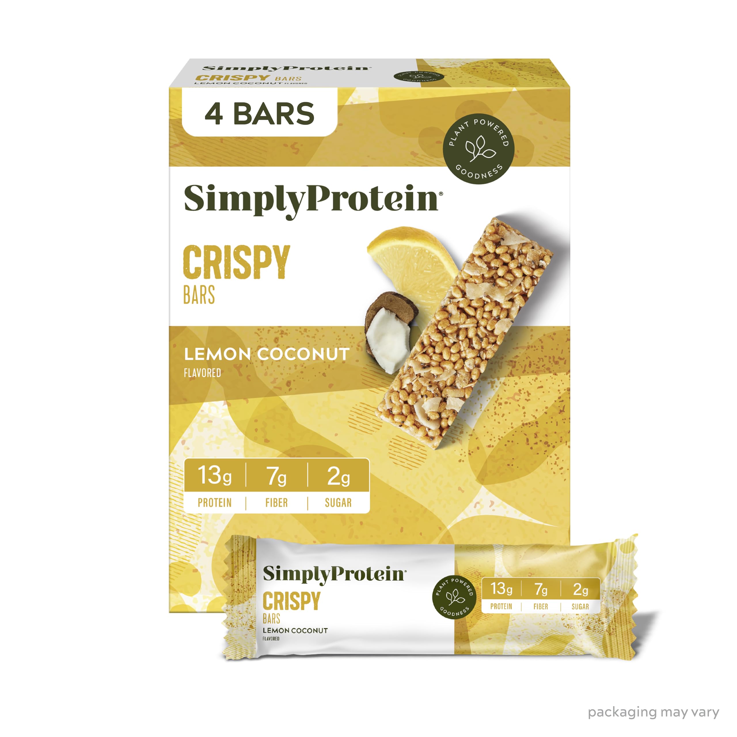 Simply Protein - Lemon Coconut Crispy Bars - Plant Based Protein Bars - Low Carb, Low Sugar, High Fiber - 13g Protein, 2g Sugar, 7g Fiber - Vegan, Gluten Free, Non GMO, Kosher - 4 Bars