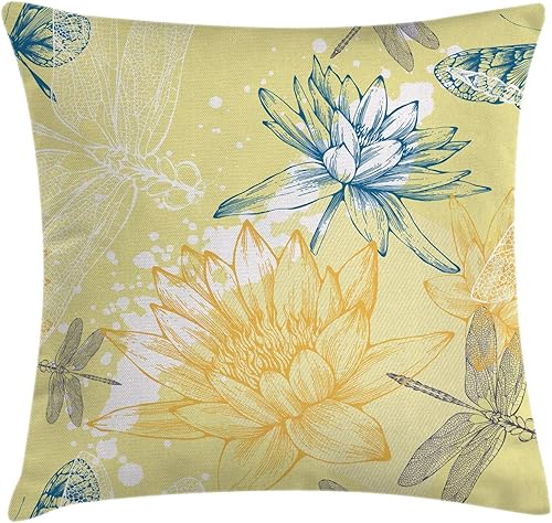 Ambesonne Funda de cojín con diseño de libélula, diseño de plantas y libélulas de estilo bohemio, ilustración esbozada, funda de almohada decorativa