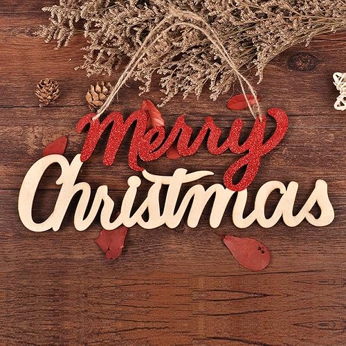 Miniatura 9 de eZAKKA Letrero de madera con texto en inglés "Merry Christmas" para colgar en la pared, decoración de puerta de pared de madera para interiores y