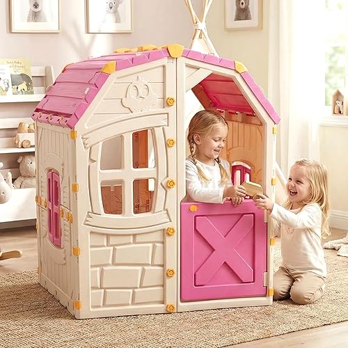 Miniatura 2 de Costzon Casa de juegos al aire libre, casa club de cabaña para niños con ventanas y puerta que se abren para habitación interior, jardín y patio